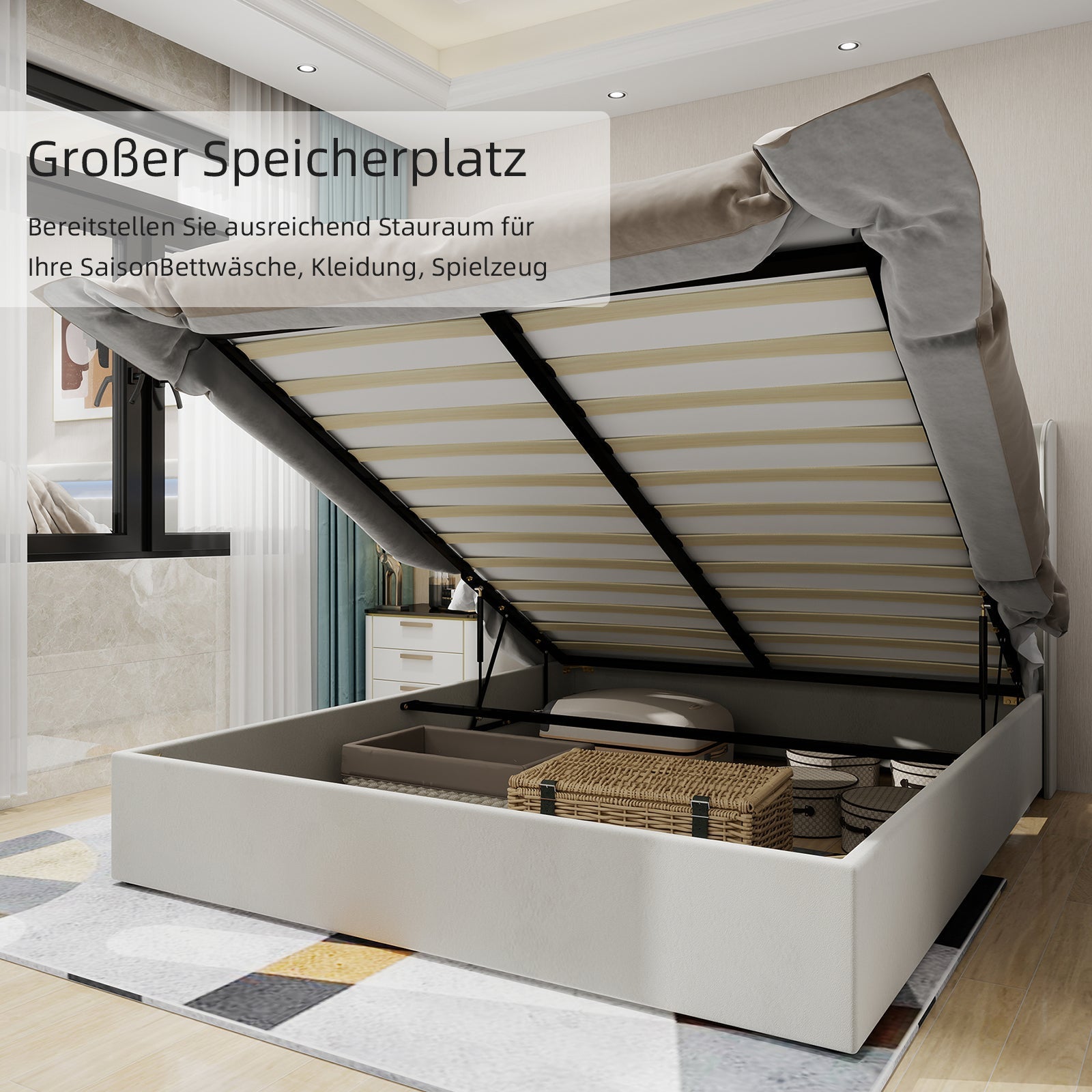 Modern Minimalist Upholstered Bed with LED Headboard, 140x200 cm, Beige