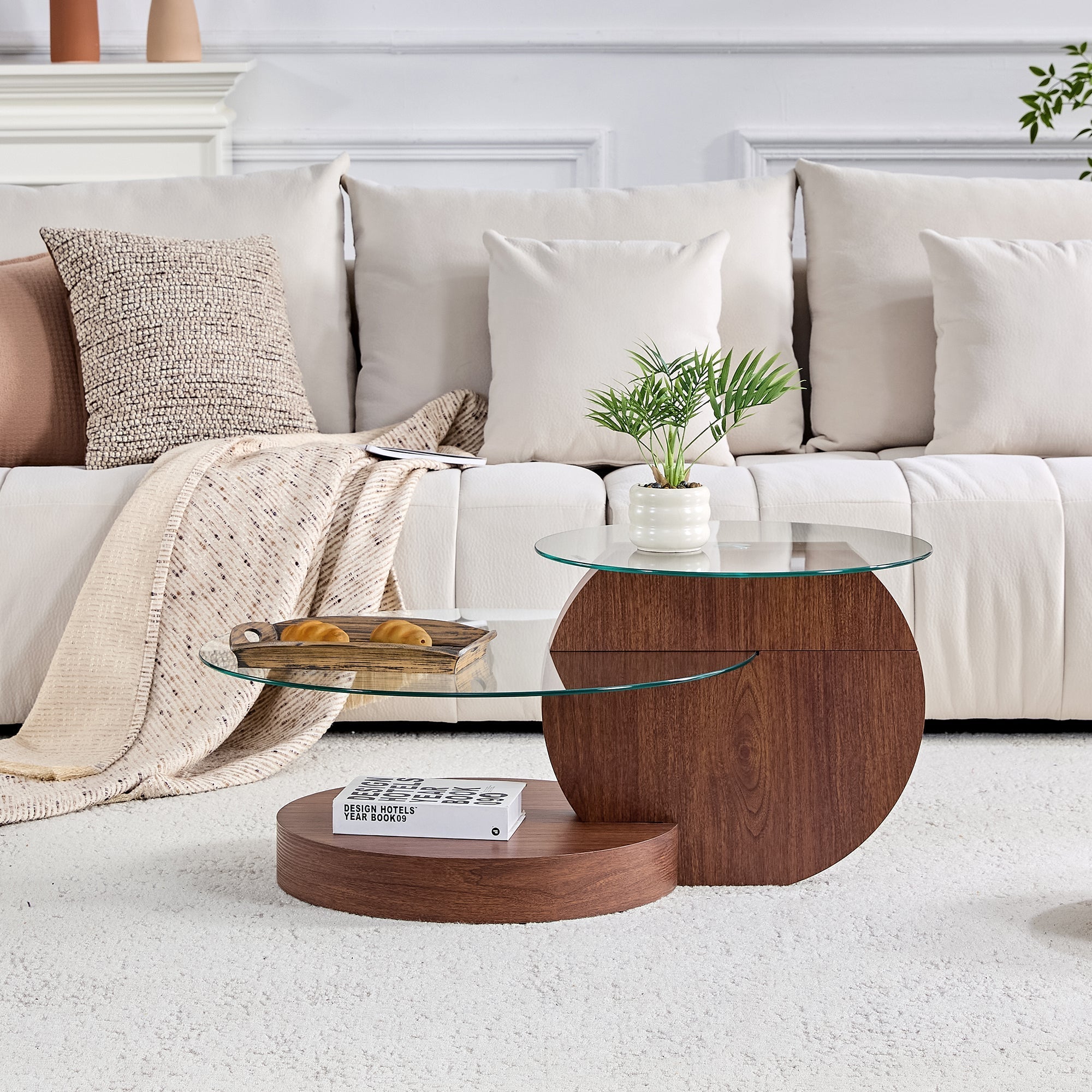 Modern Minimalist Coffee Table with Double-Layered Safety Glass and Multi-Tiered Design, Walnut Wood Grain Finish