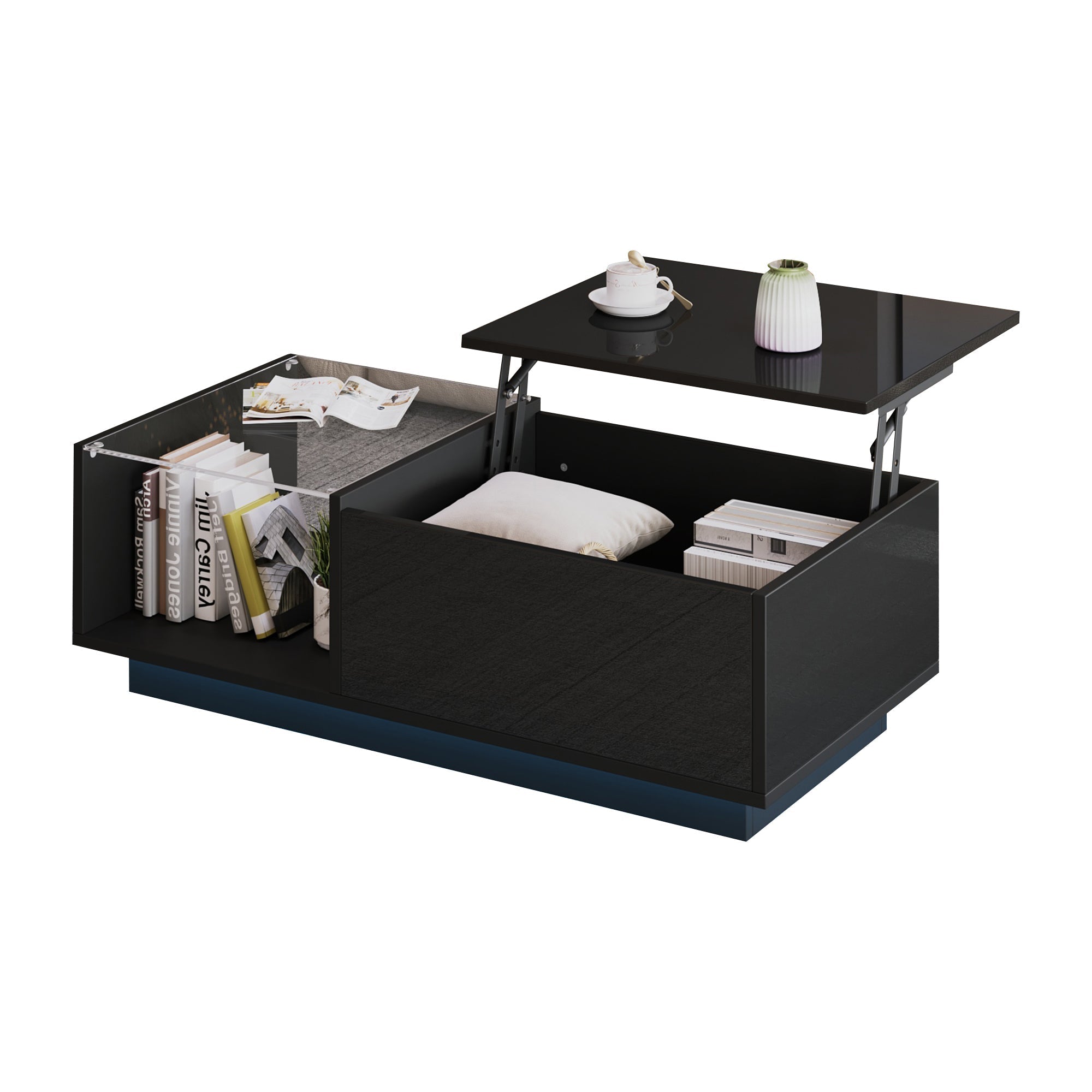 LED Coffee Table, Height-Adjustable with Hidden Storage and Shelf, High-Gloss