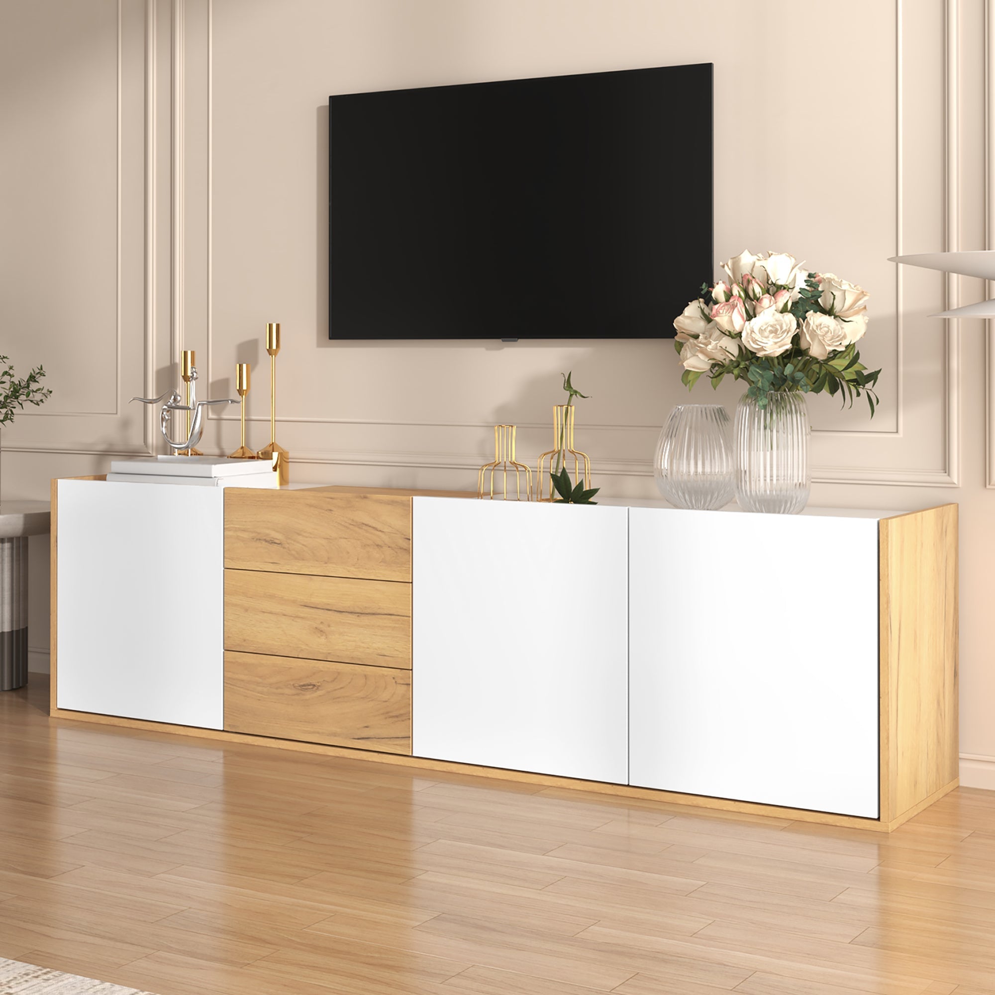 TV Cabinet, Low Panel Wall/Floor Mount, White and Wood