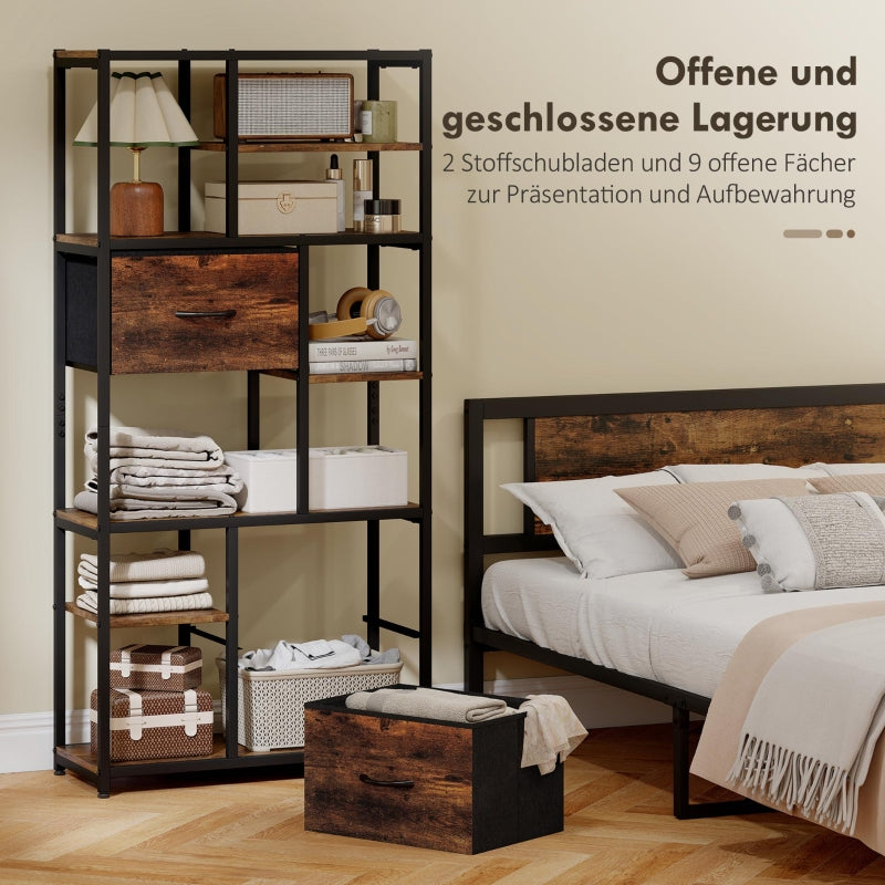 Storage Shelf 9 Open Compartments 2 Drawers Steel Frame - Brown/Black