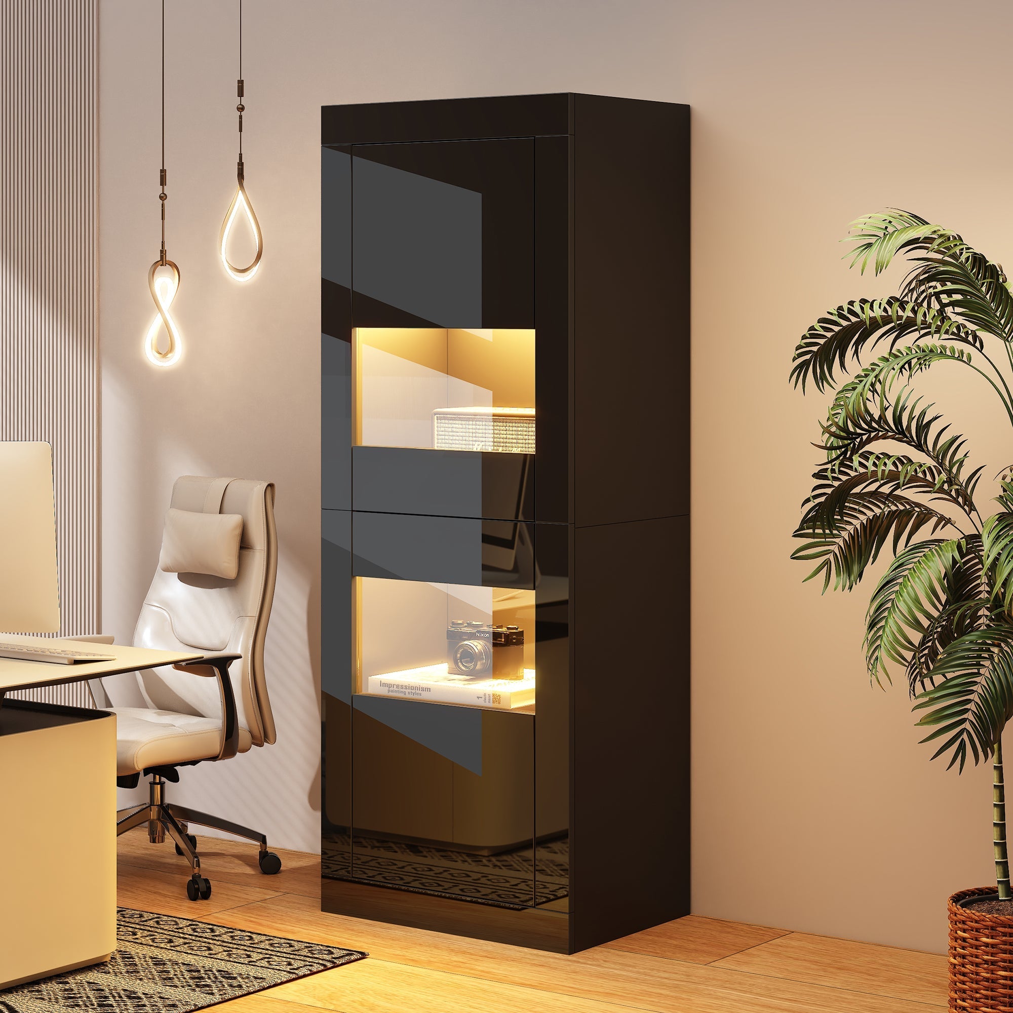 Display Cabinet with LED Lighting and Glass Shelf, High-Gloss Black