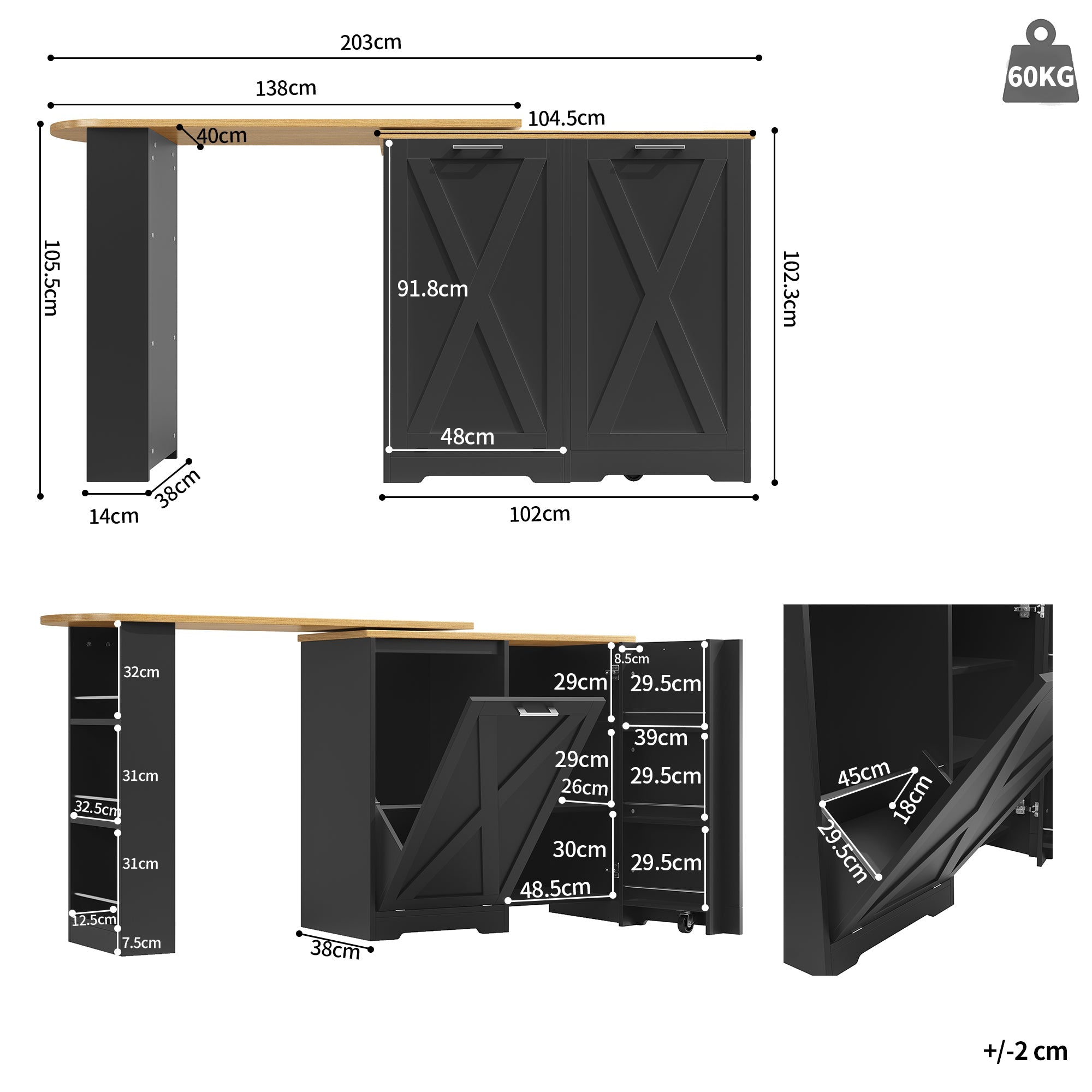 360° Rotating Breakfast Bar with Multifunctional Storage and Side Shelves, Black