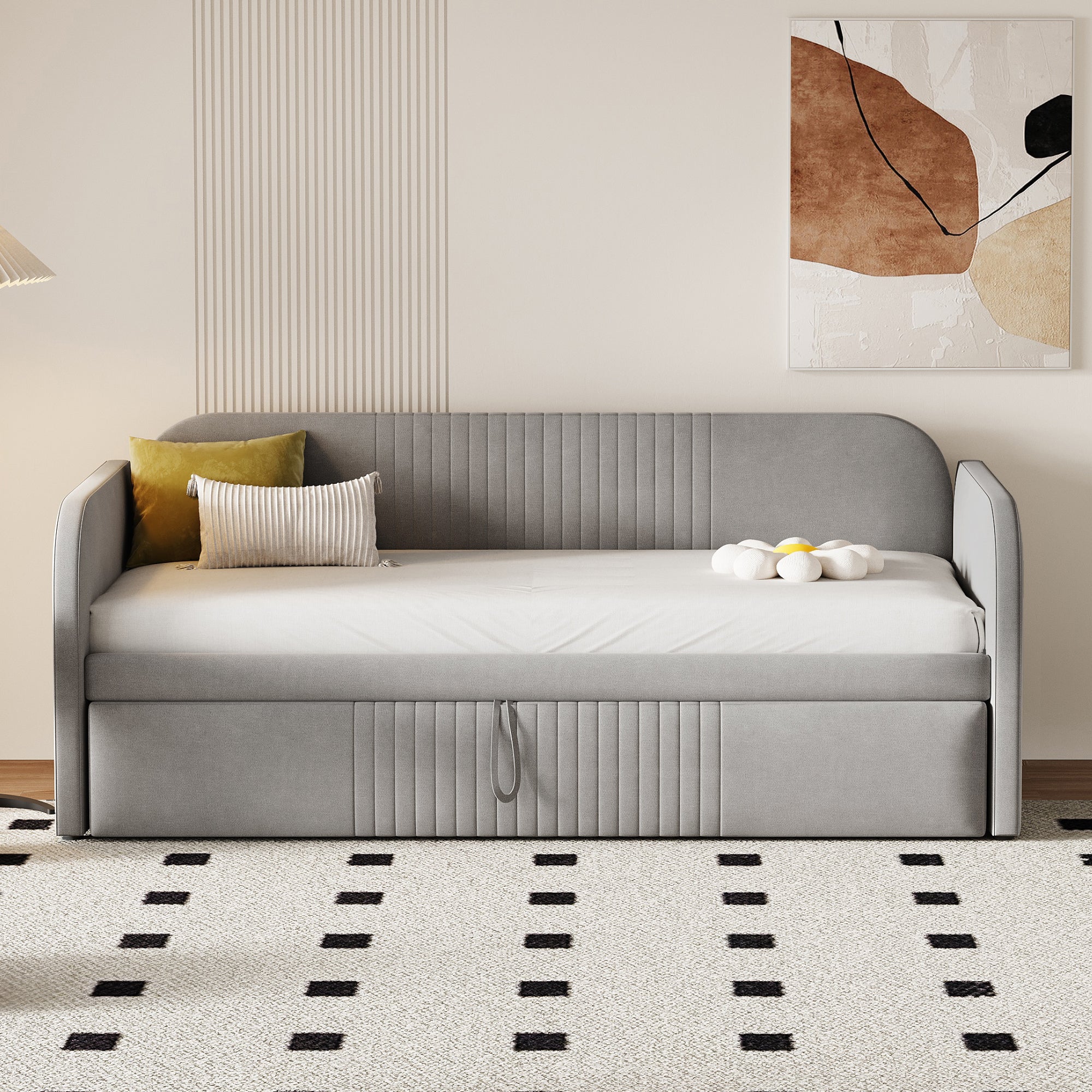 Upholstered Bed, Pull-Out Sofa Bed with Slatted Frame, Multifunctional, Light Grey Linen