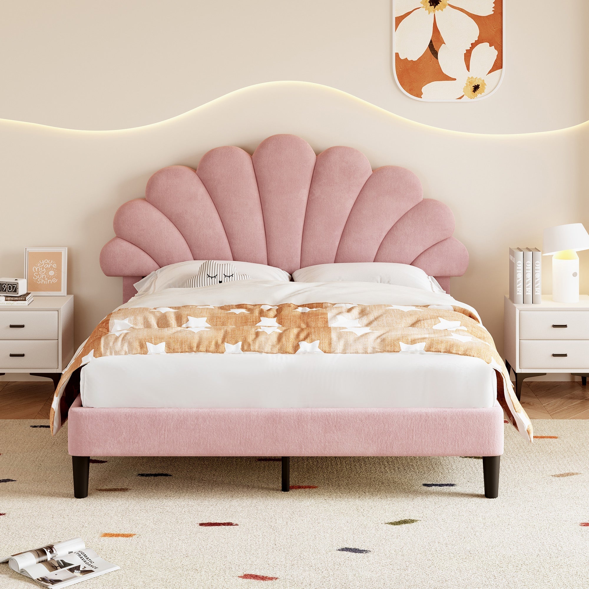 4ft6 Double Upholstered Velvet Bed Frame, Adjustable Chic Petal Headboard, Pink