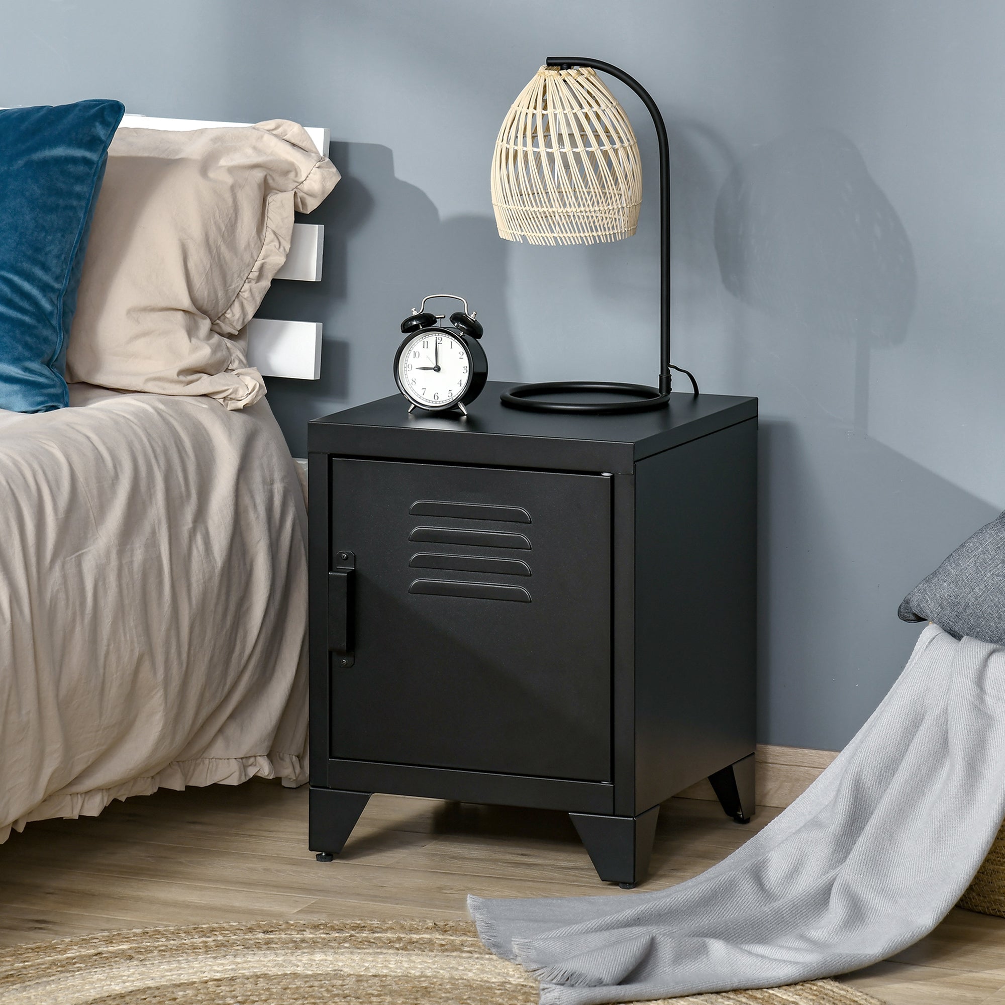Bedside Table with Adjustable Shelf and Door, Metal Black