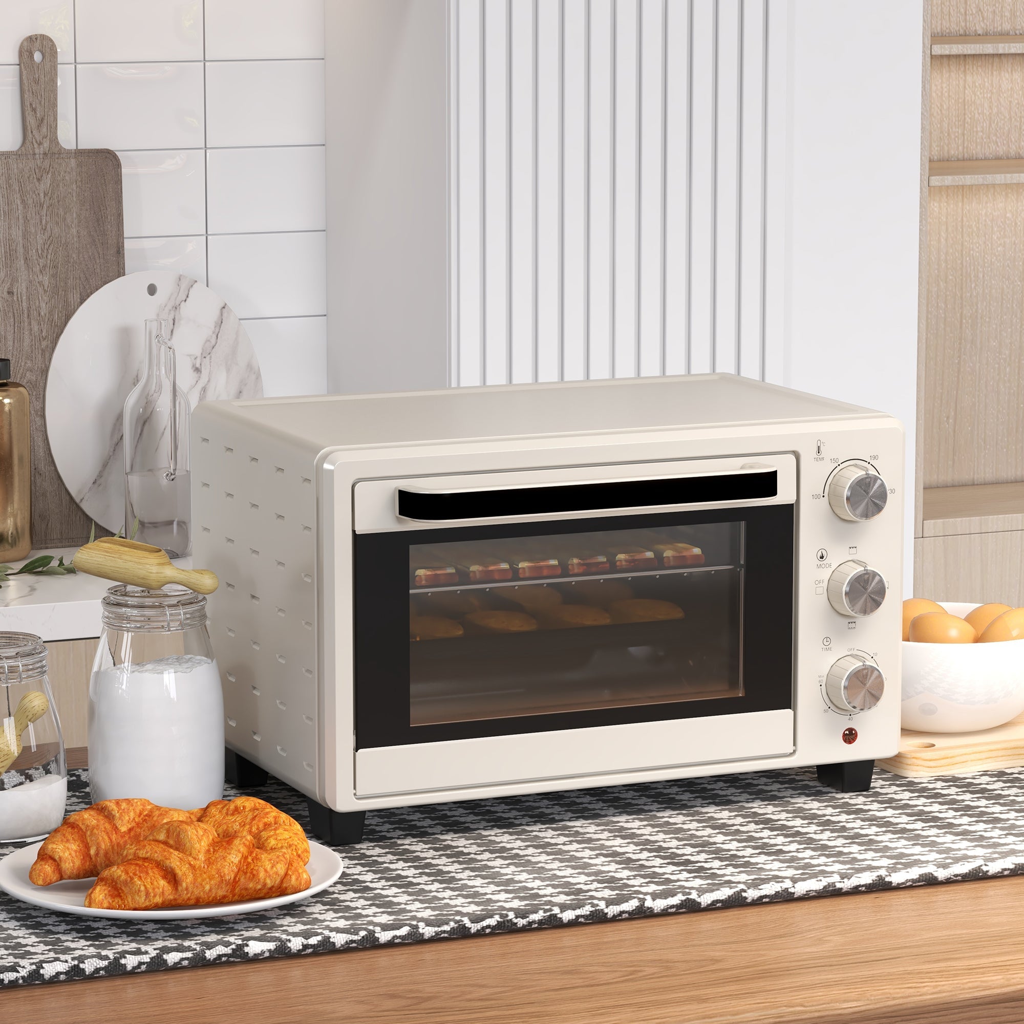 Mini Oven Rotisserie Toaster 21L, 3 Modes, Stainless Steel, Cream White