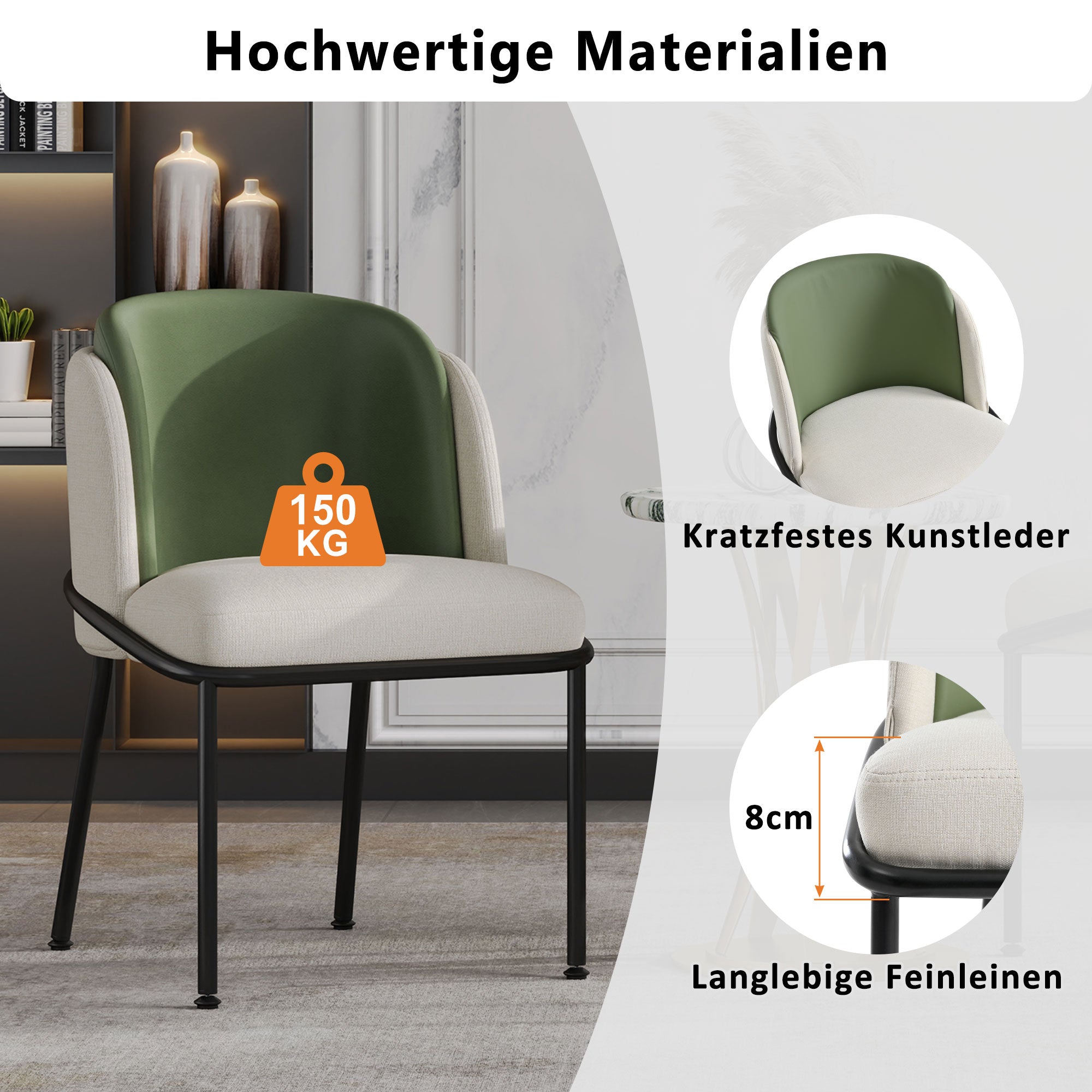 6 Modern Chairs Angled Legs Adjustable Feet Beige+Green