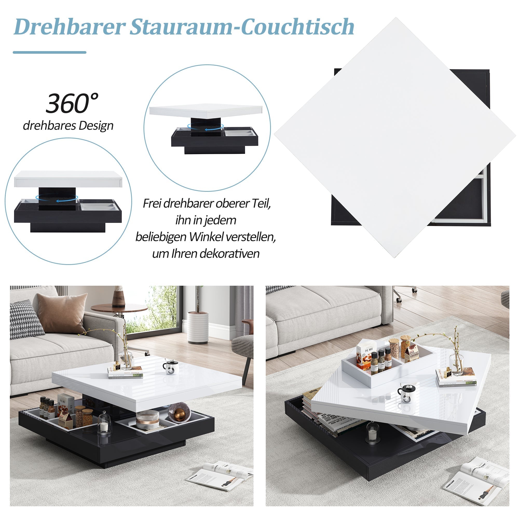 High-gloss tabletop coffee table, 360° rotatable, 2-tier with storage, white and black
