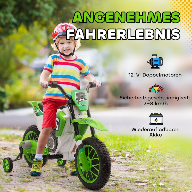 Children's Electric Motorcycle with Training Wheels and 45 Min Driving Time, Green and White