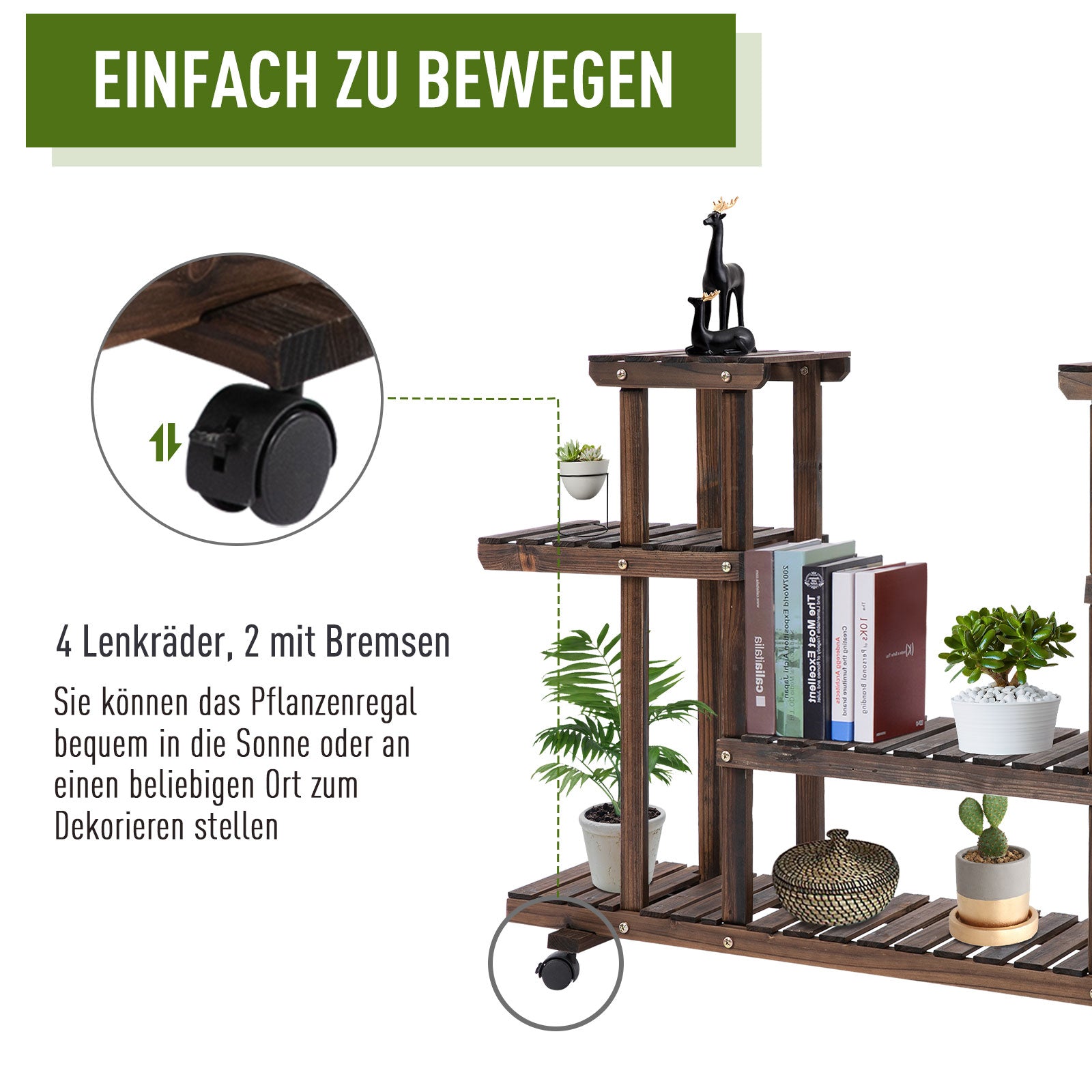 Flower Stand/Plant Shelf, Four-Tier, 123.5x33x80cm, Solid Charred Wood