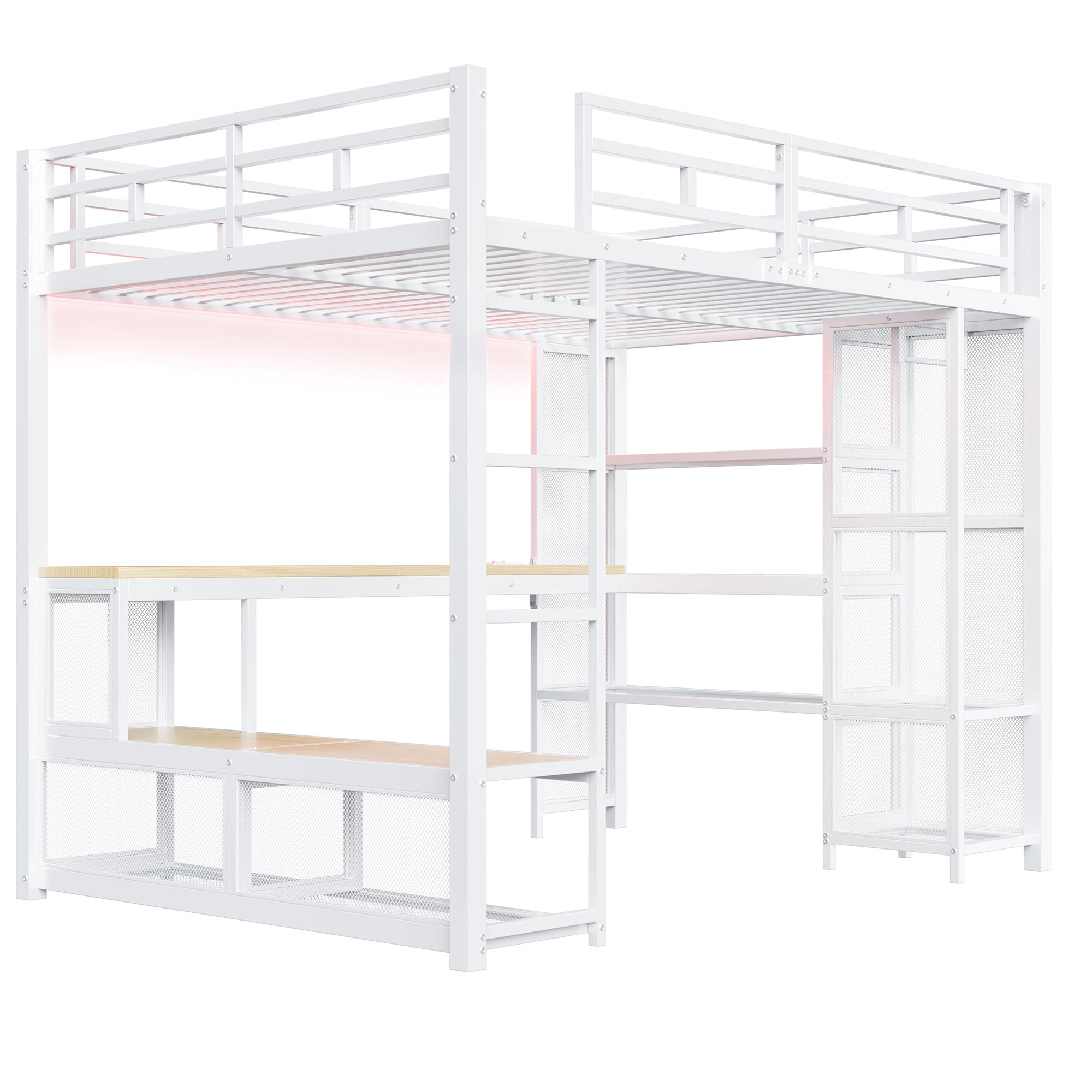 Metal Loft Bed with Wardrobe, USB Port and LED Lighting, White