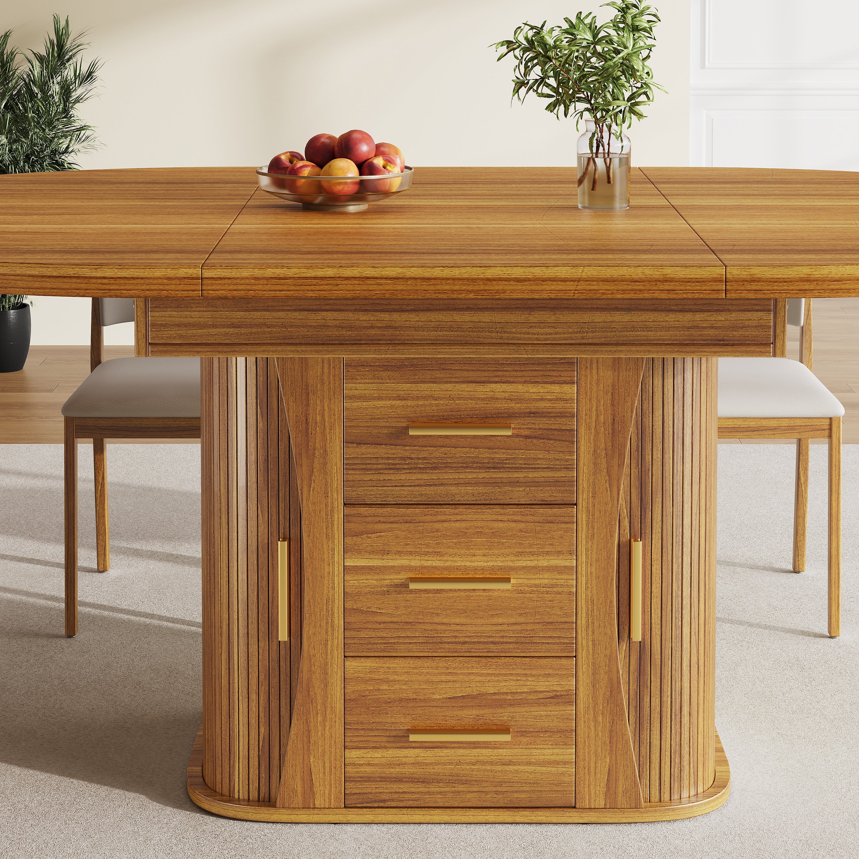 Round Dining Table to Oval with Three-Tier Storage, 118-158 cm, Walnut