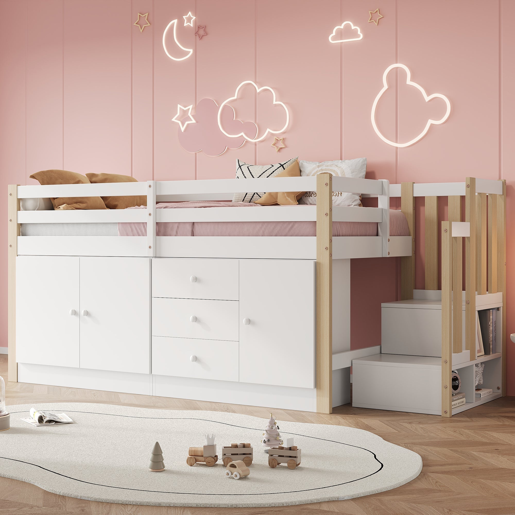 Multifunctional Children's Loft Bed 90x200cm with Stairs Drawers & Storage Cabinets - White