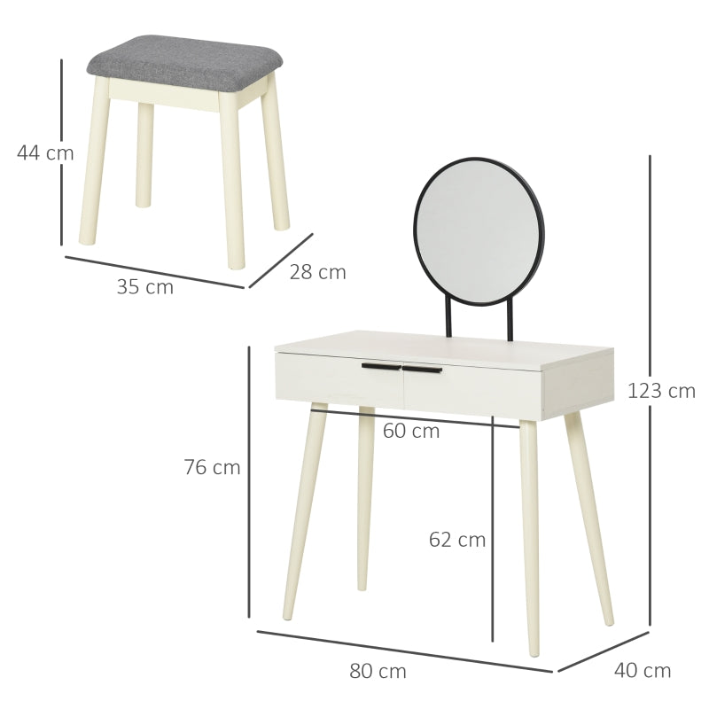 Dressing Table Makeup Vanity Set with Mirror, Stool, and 2 Drawers, White