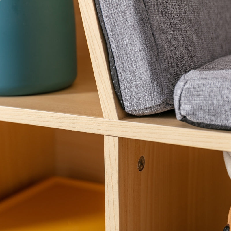 Children's Shelf Bookcase with Stool and 6 Compartments, Toy Box, Grey + Natural