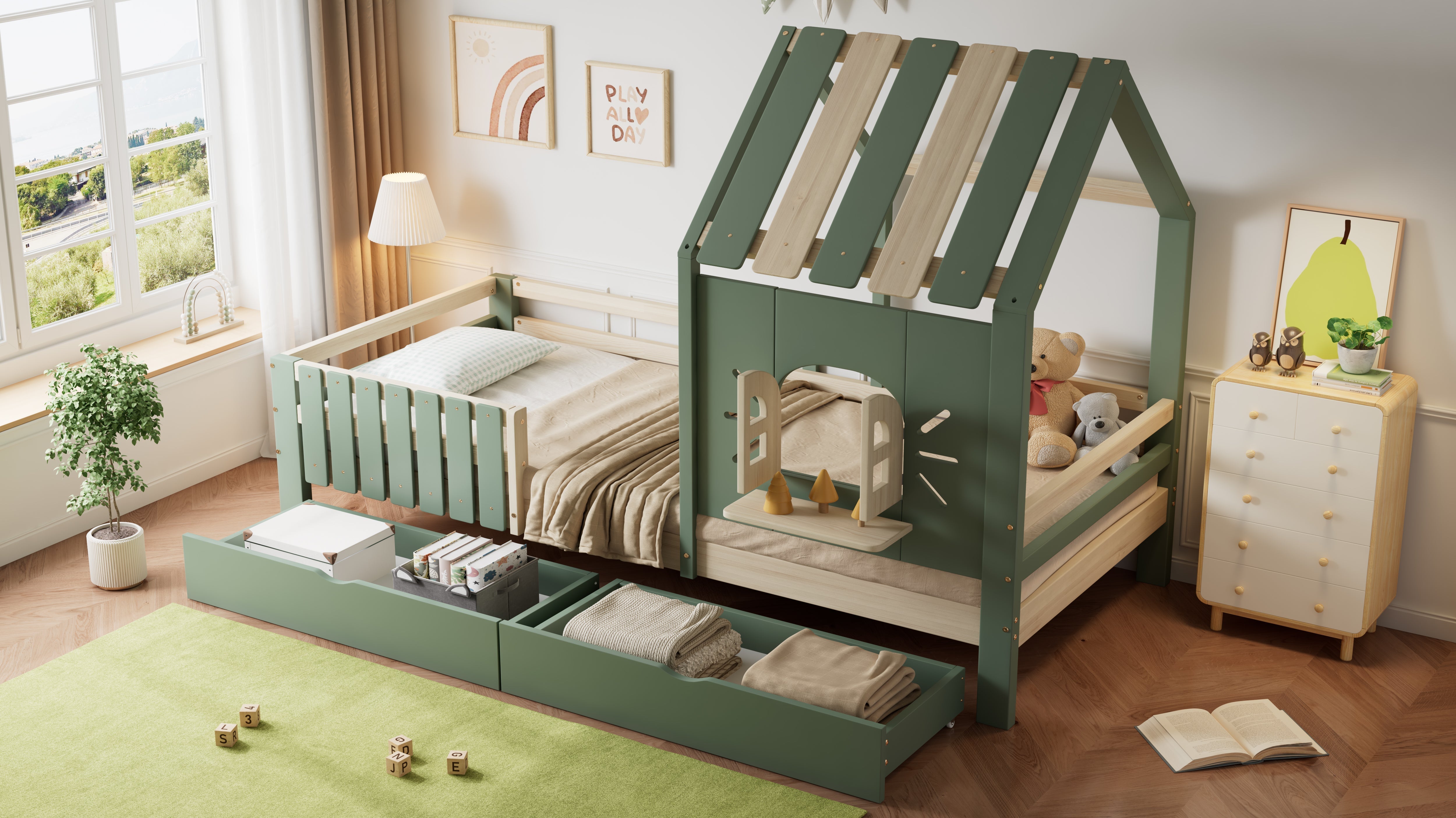 Children's House Bed with Roof, Window, Fence, 2 Drawers, 90x200cm - Pine/MDF Green/Natural