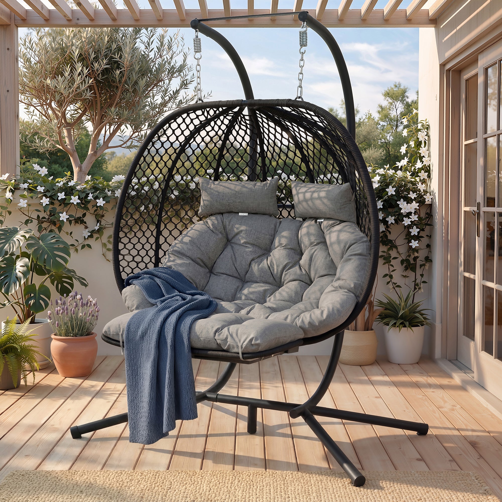 Double Egg-Shaped Hanging Chair with Stand, Seat Cushion, Pillow and Footrest, Grey Metal