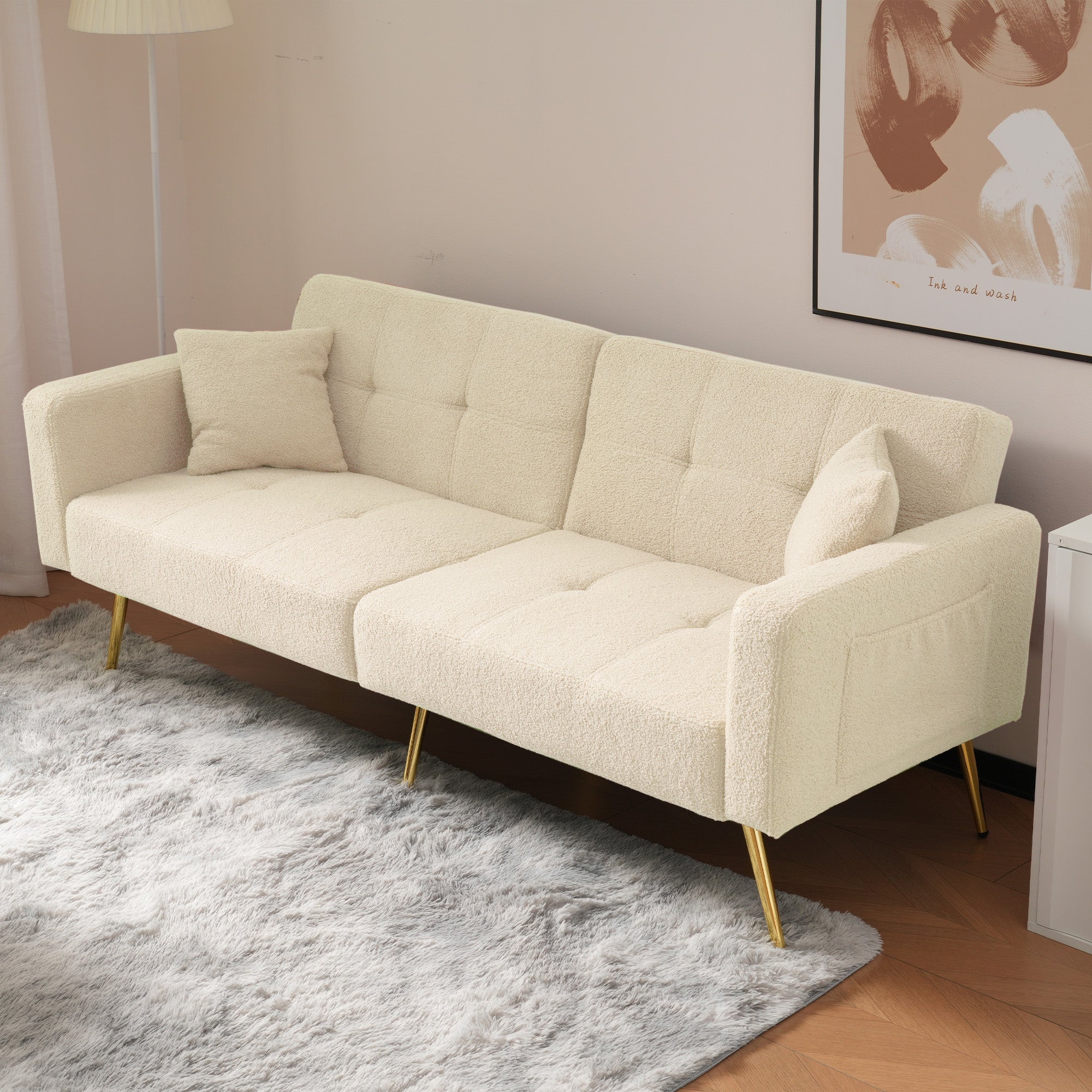 Sofa Bed Adjustable Angle Gold Legs with Cushions & Storage Pockets