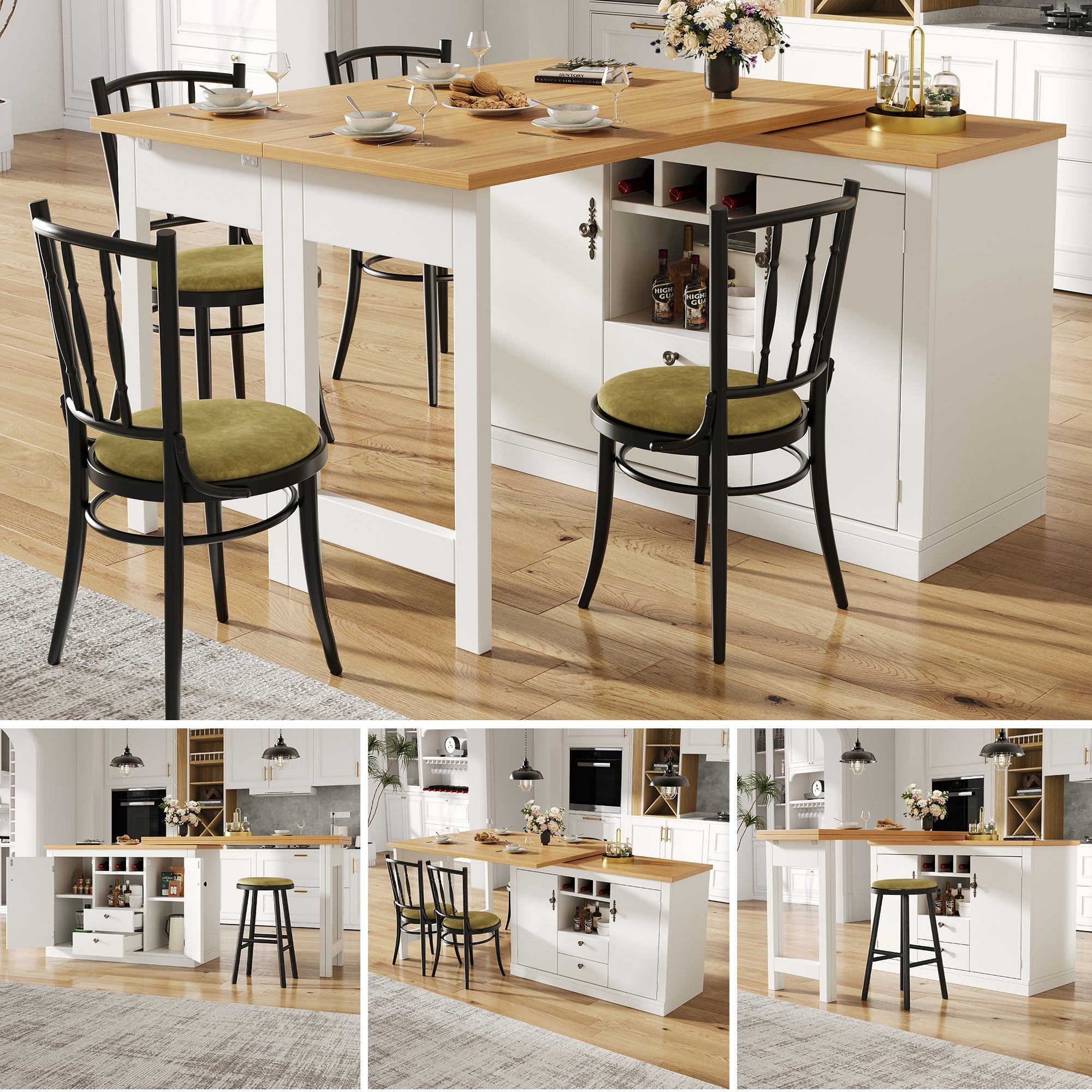 Extendable Bar Table with 360 Swivel and Storage, 120-180cm, White and Black