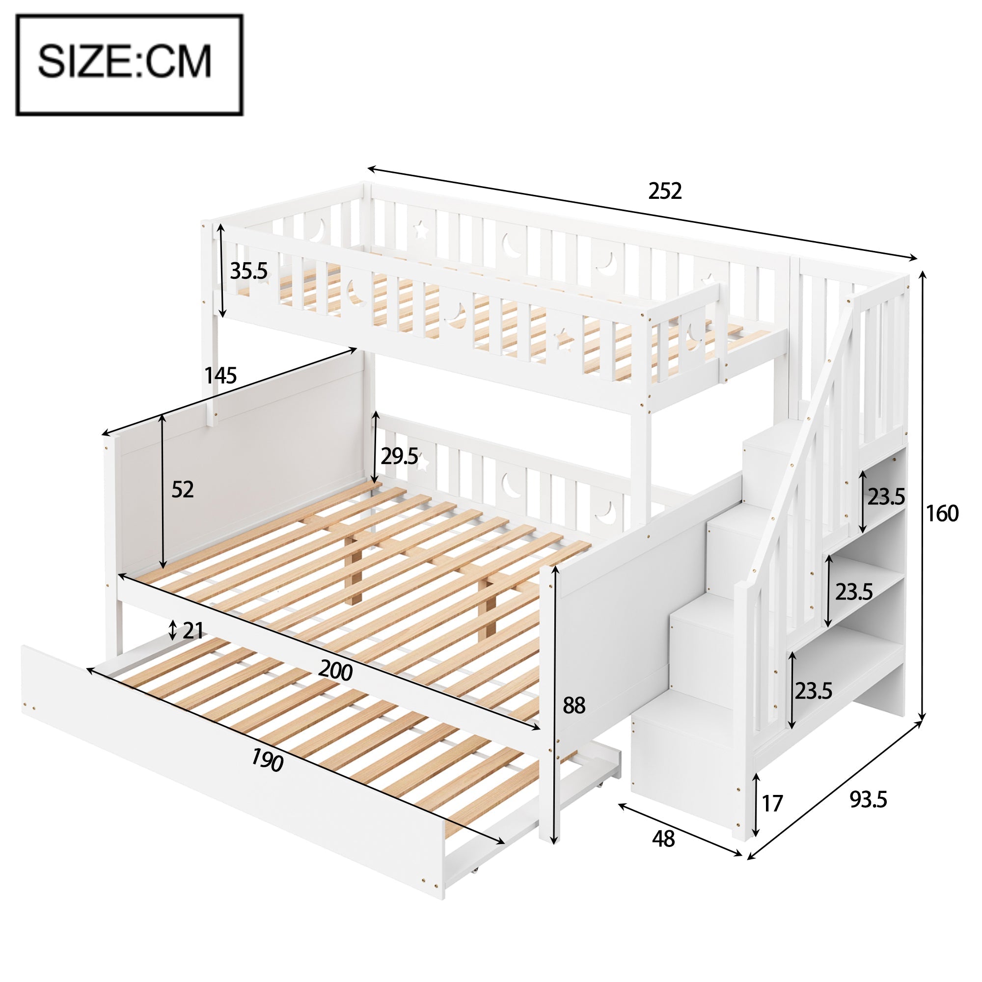 Children's Bunk Bed with Storage and Pull-out Bed, White