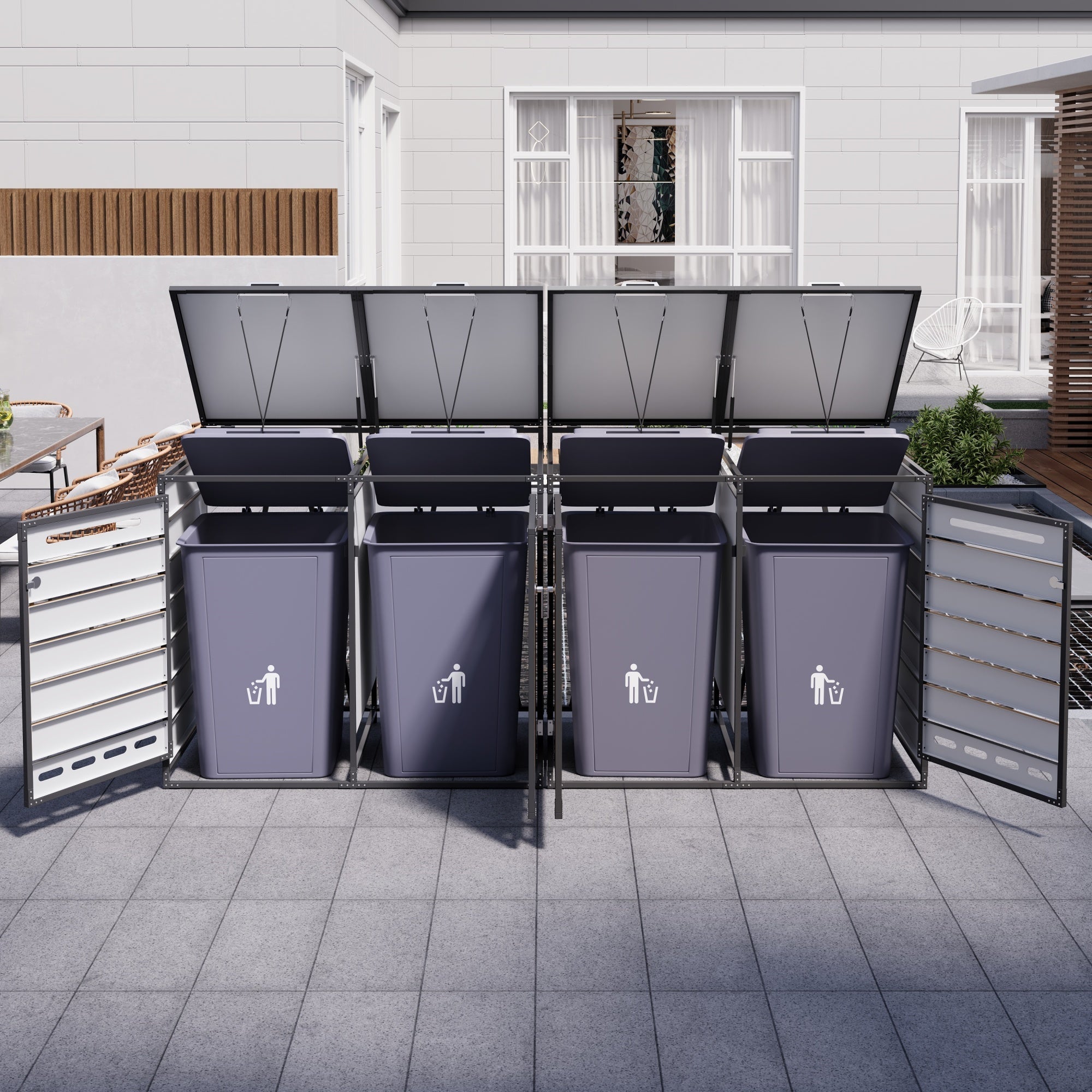 4-Bin Storage Unit with Hydraulic Lids and Slotted Ventilation, Iron and Wood-Look Cladding