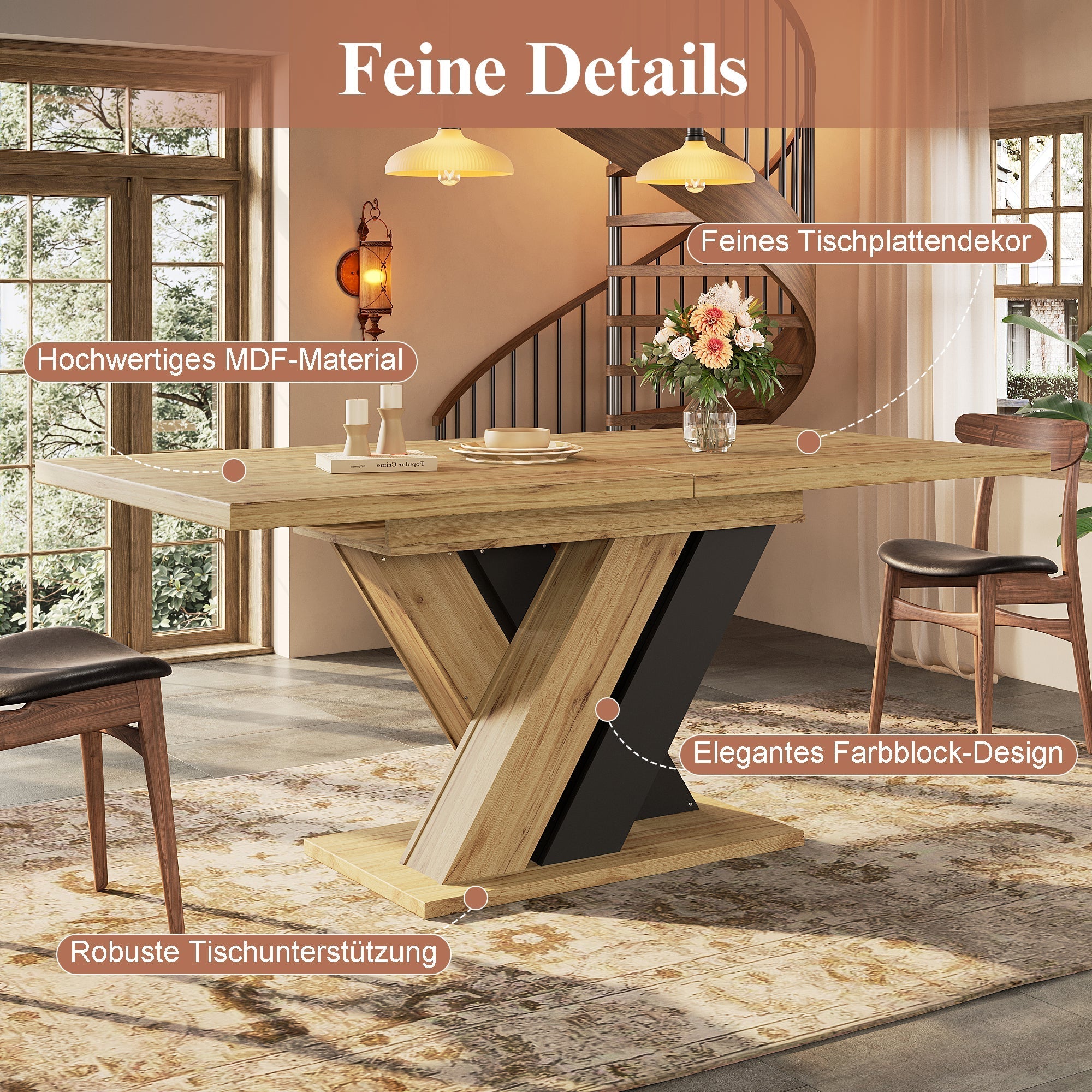 Telescopic Dining Table 119-158.5x80cm Extendable X-Legs - Wood Color