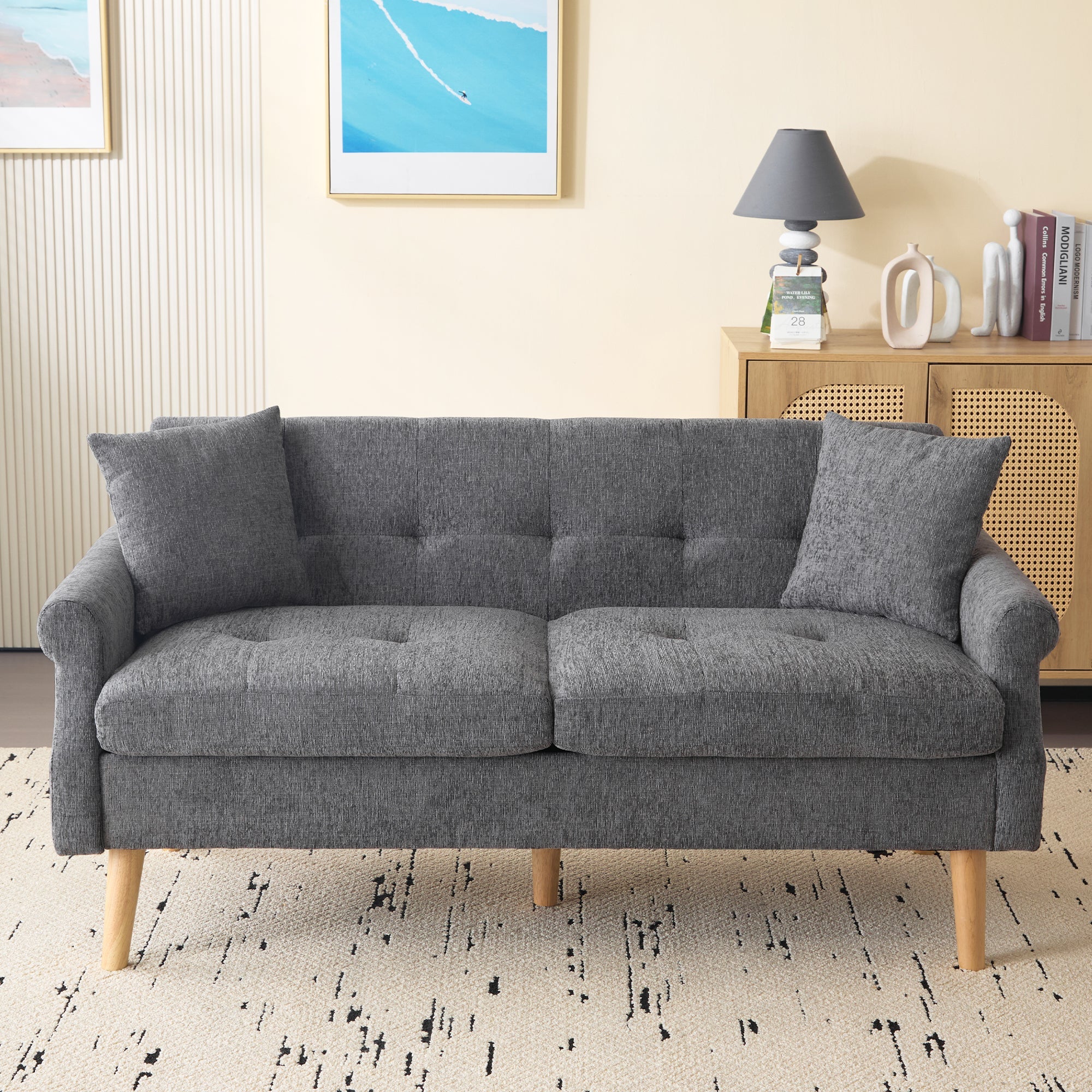 Sofa, Double Upholstered with Thick Cushions, Chenille Fabric
