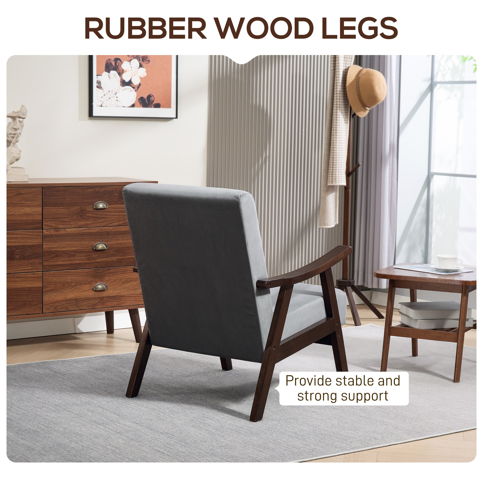 Nordic Accent Chair, Upholstered Armchair with Solid Wood Frame, Velvet Grey