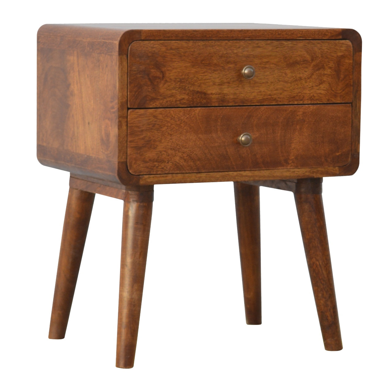 Solid Wood Bedside, Curved Chestnut with 2 Drawers, Dark Brown