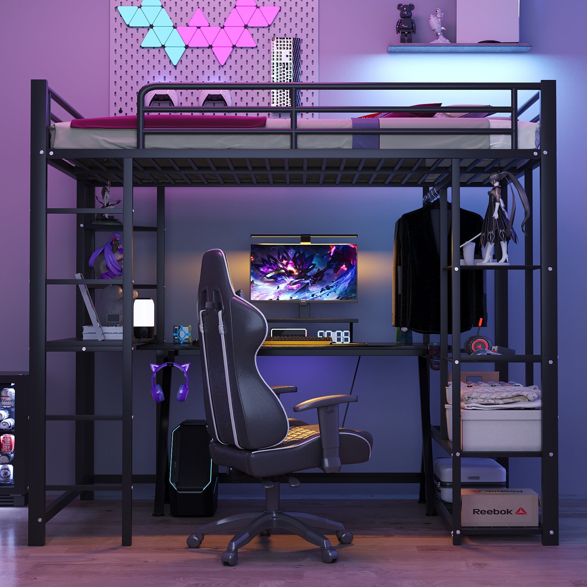 Loft Bed 90x200cm Single/Children's Bed with Ladder, Table, Storage, Black