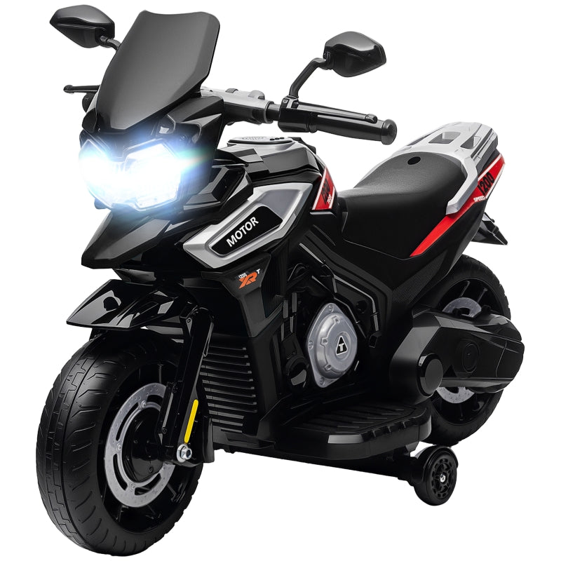 Electric Motorcycle for Kids with Training Wheels, Lights and Music, Black