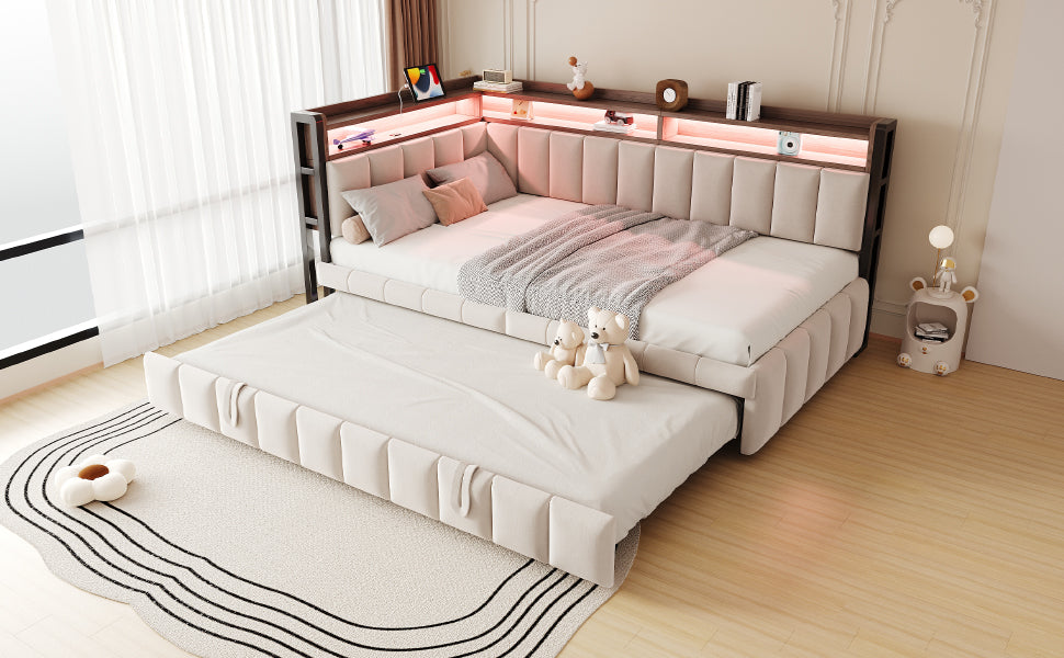 Upholstered Sofa Bed with Pull-out Bed, LED Lighting, Storage and USB Ports, 90x200cm, Beige Velvet
