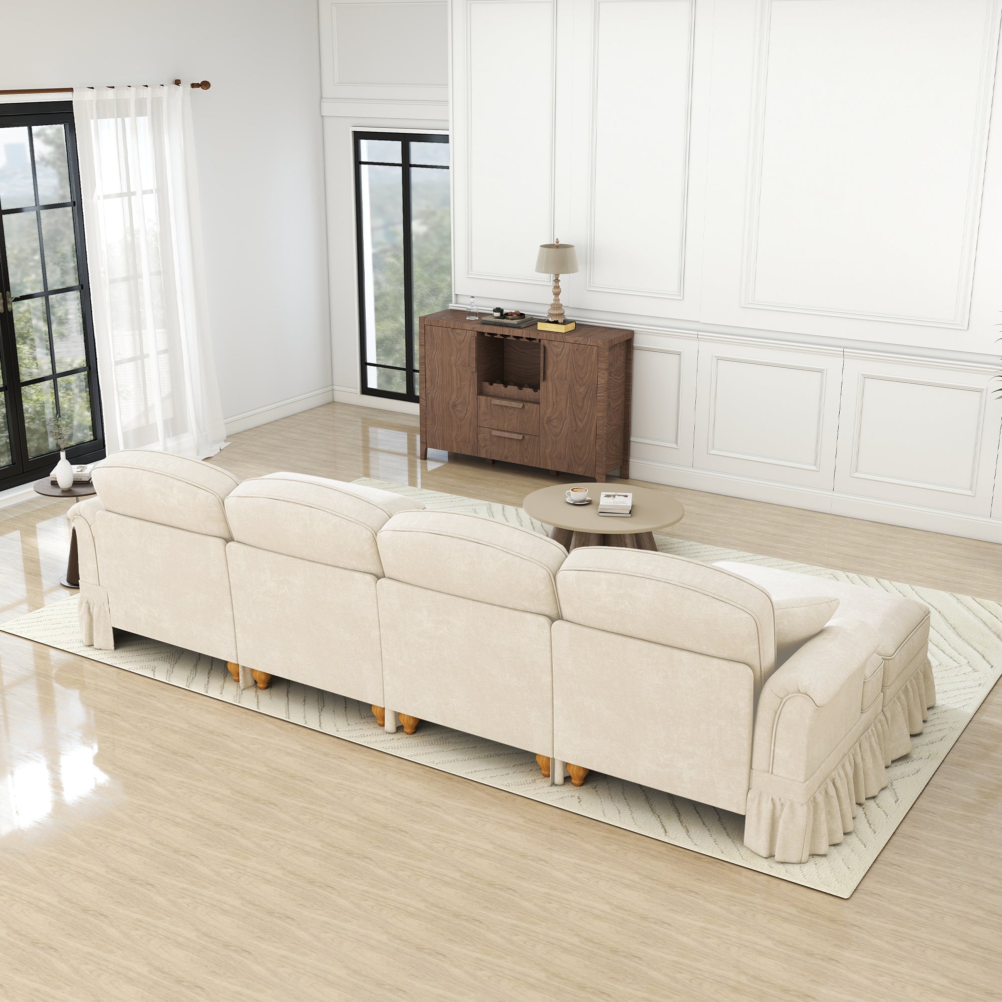 Modular U-Shaped Sofa 4-Seater Movable Ottoman Removable Apron - White Chenille