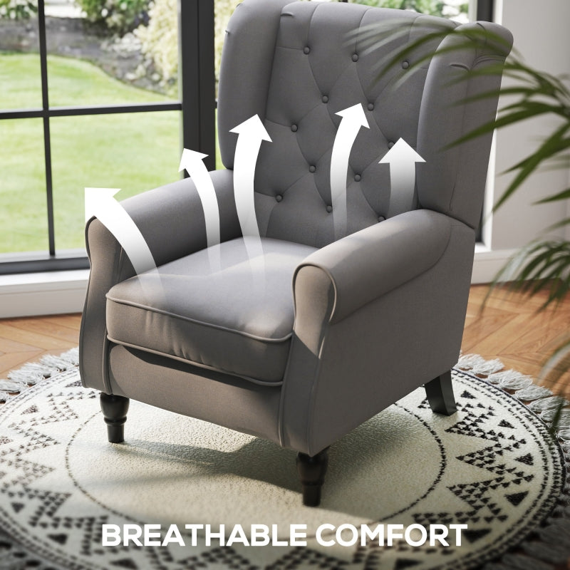 Retro Accent Chair Wingback Armchair Wood Frame Button Tufted Linen, Dark Grey