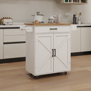 Kitchen Island Trolley Cart with Adjustable Shelves, Towel/Seasoning Racks - Rubber Wood, White