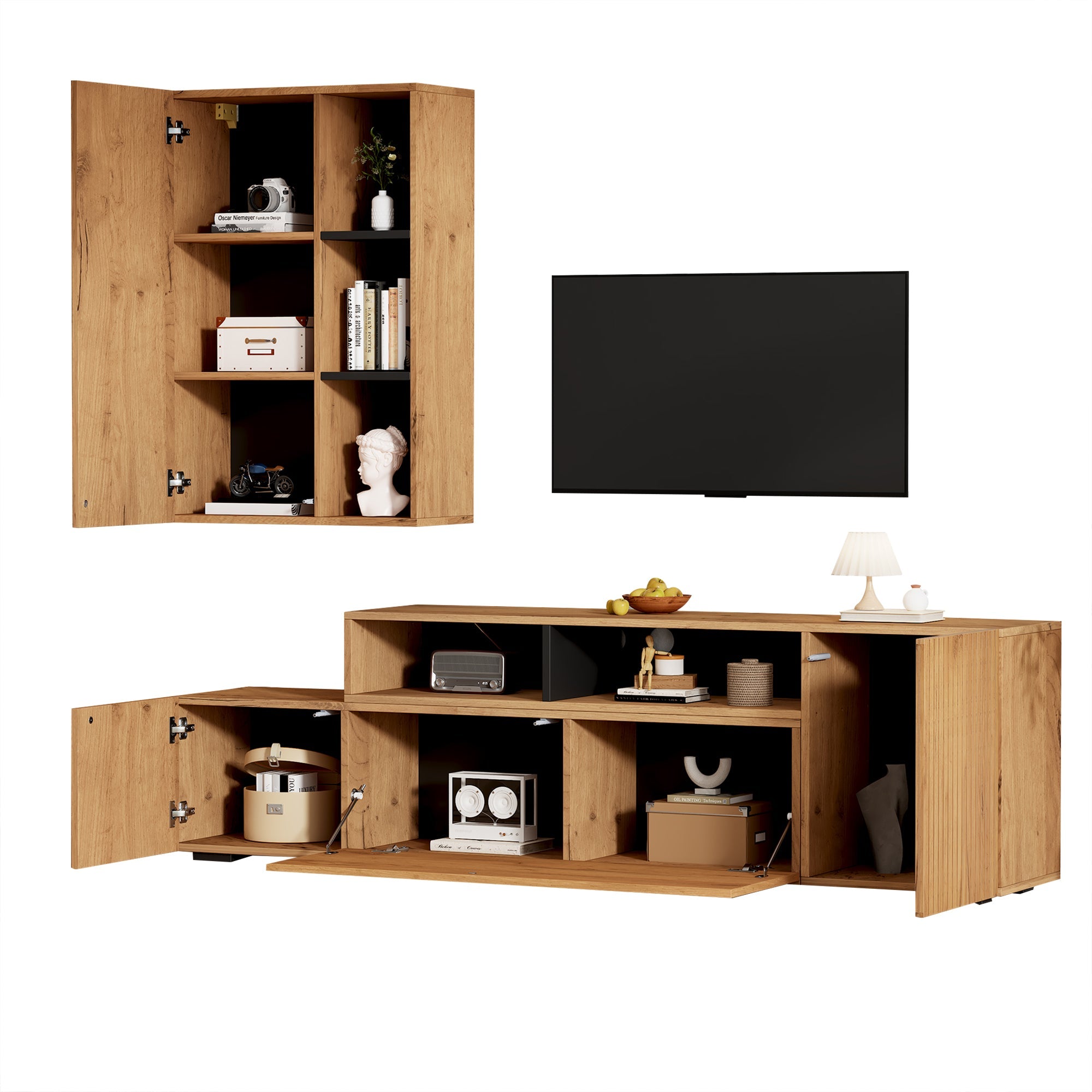TV Wall Unit Set, 2-Piece Media & Display Cabinet, up to 120" TV, Wood & Black