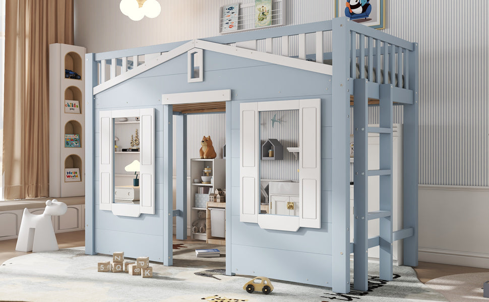 Loft Bed, Flexible Design with Window & Ladder, Pine + MDF + Plywood, Blue