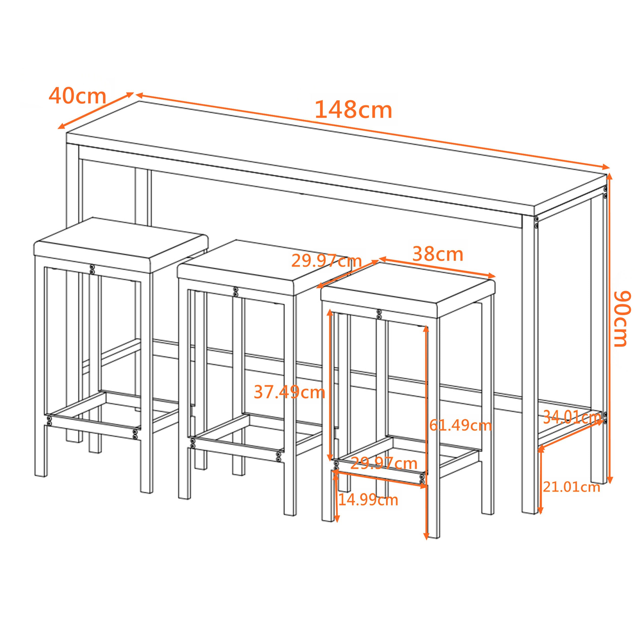 148CM Dining Table Set with 3 Stools, Modern Design, Brown Gray