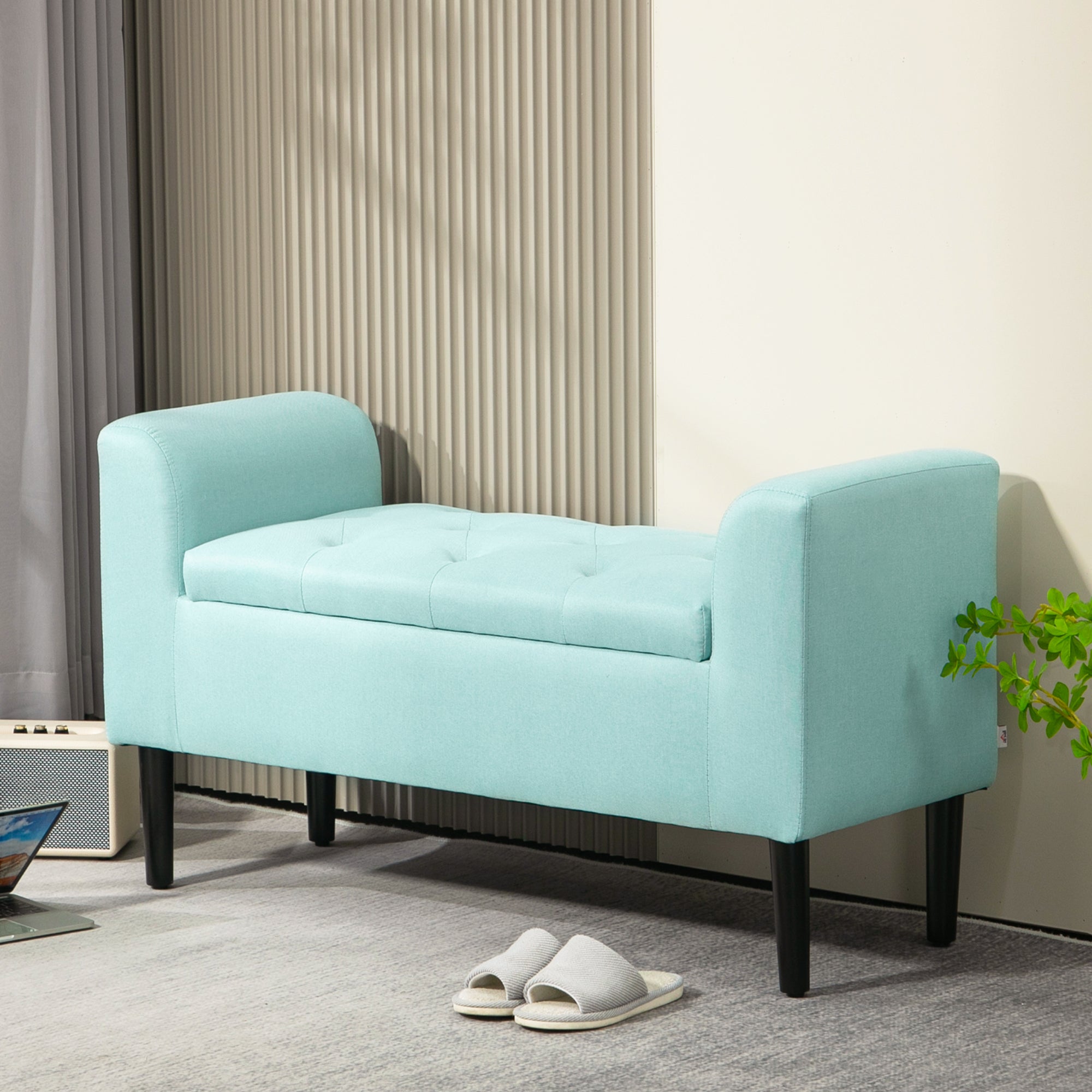 Storage Bench, Upholstered with Storage Box, Linen Look Green