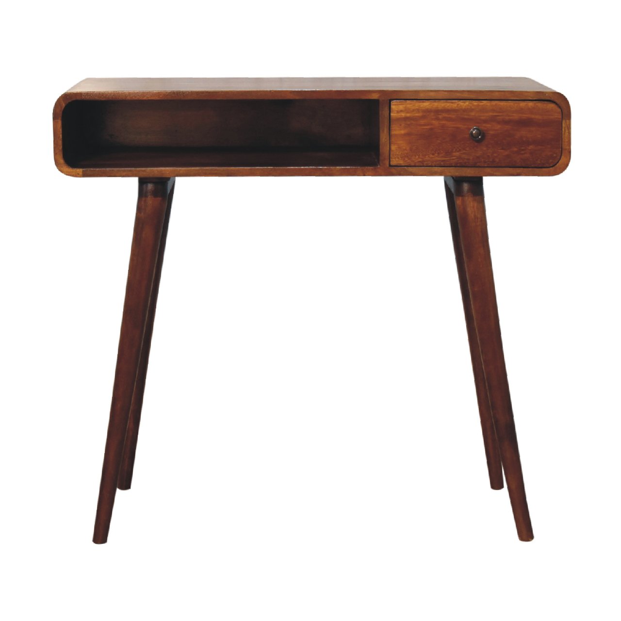 Solid Wood Writing Desk, Curved 1 Drawer 1 Shelf, Chestnut Brown