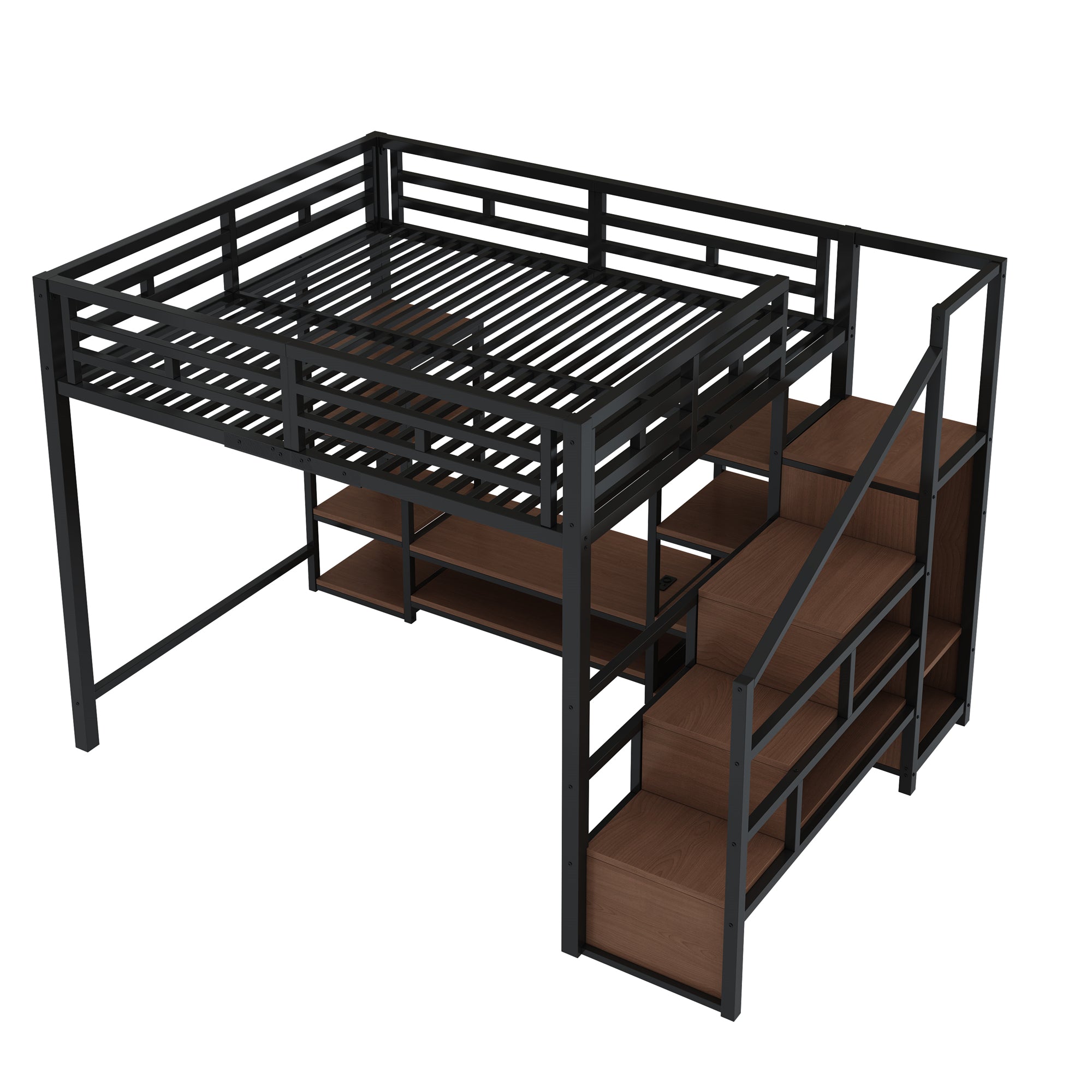 Loft Bed 140x200 TV Stand Power Outlet Safety Ladder, Metal/Wood Black