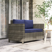Rattan Sofa, 2 Seater Garden Loveseat with Soft Padded Cushion, Navy Blue