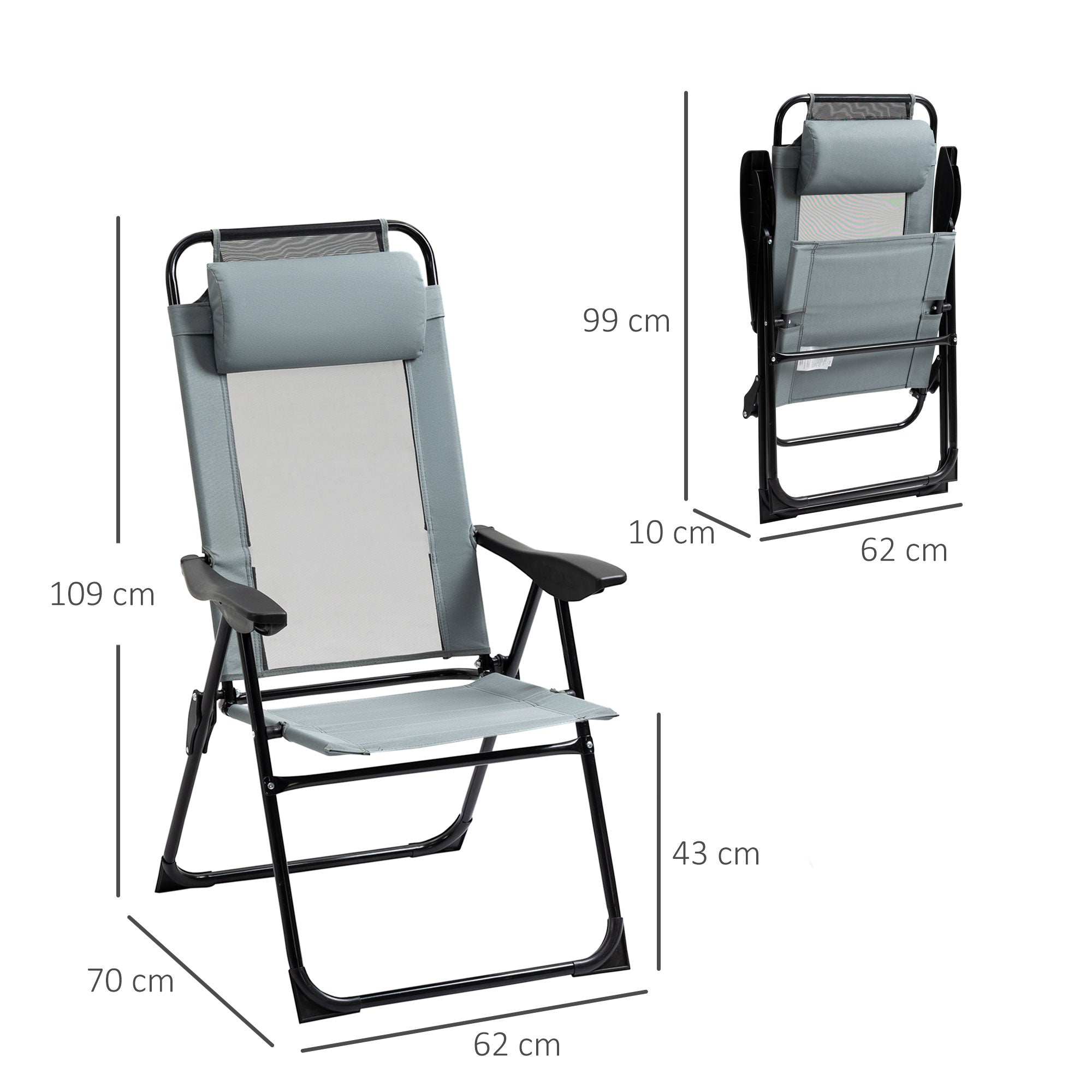 Set of 2 Portable Folding Recliner Adjustable Backrest, Grey