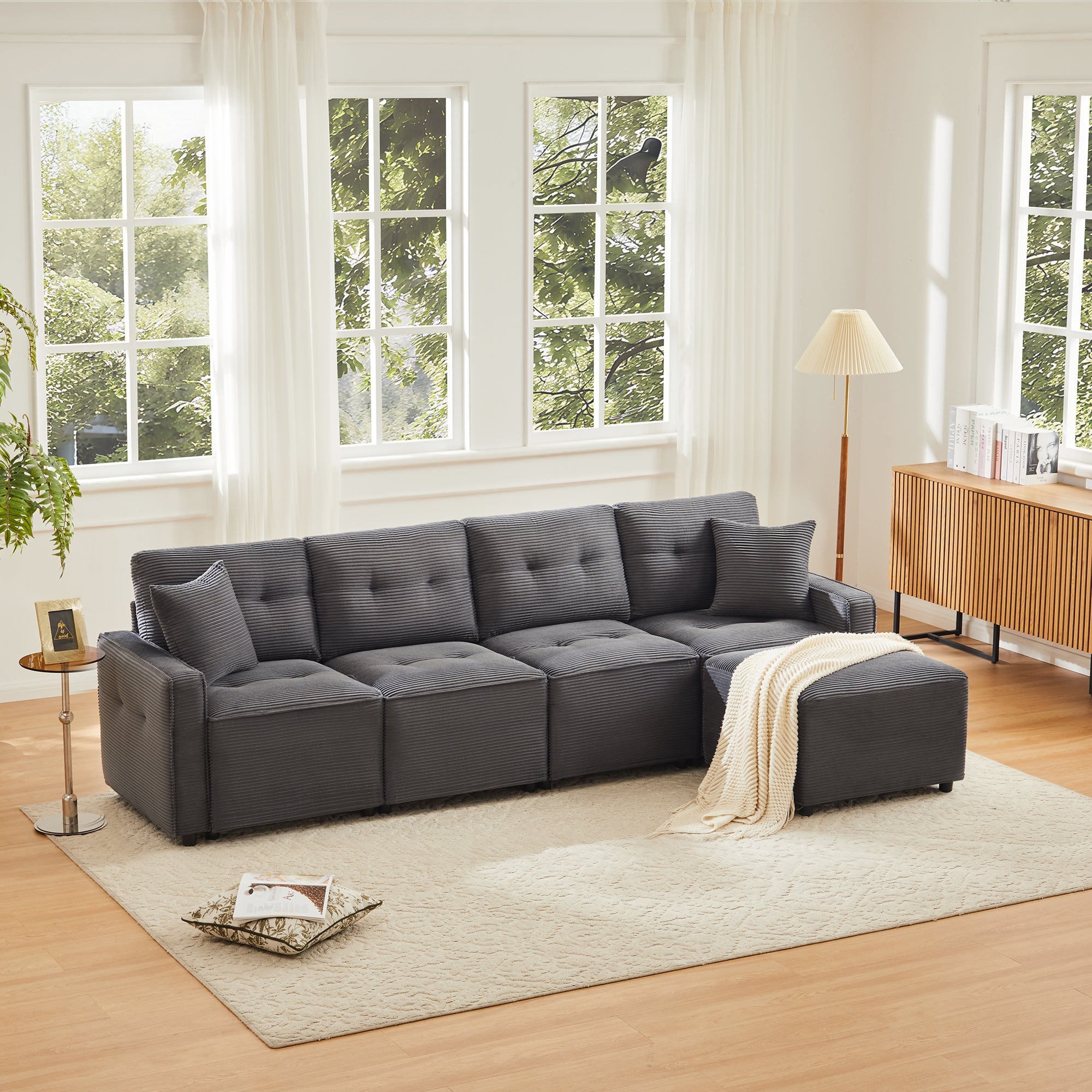 4-Seater Sofa with Storage and Ottoman, Grey Corduroy