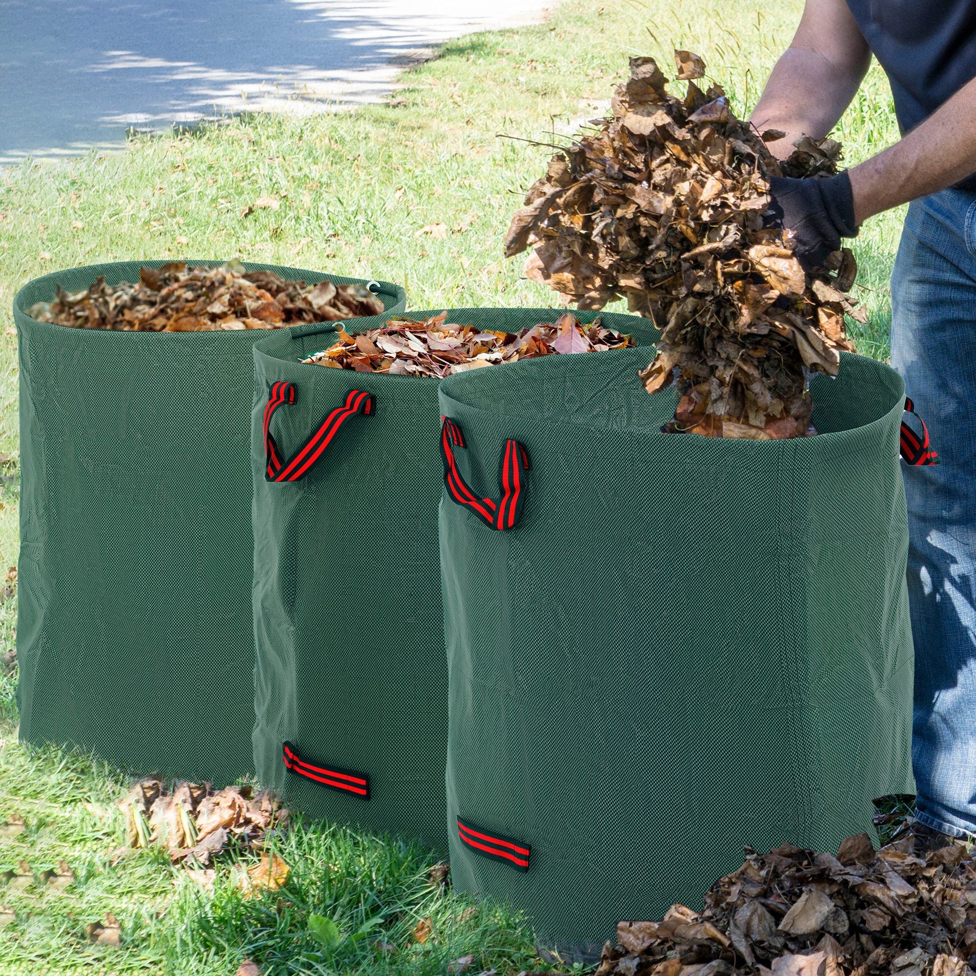 Garden Waste Bags, 272L x 3 Heavy Duty Foldable Reusable with Handles, Green