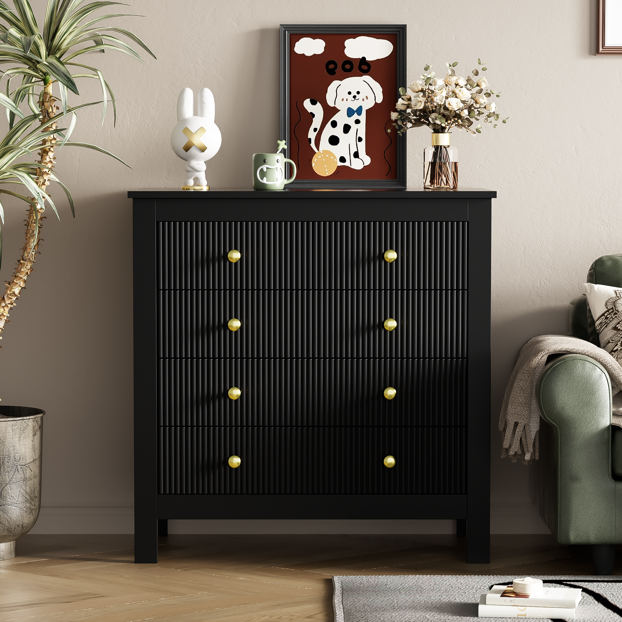 Sideboard, chest of drawers with special doors, gold handles