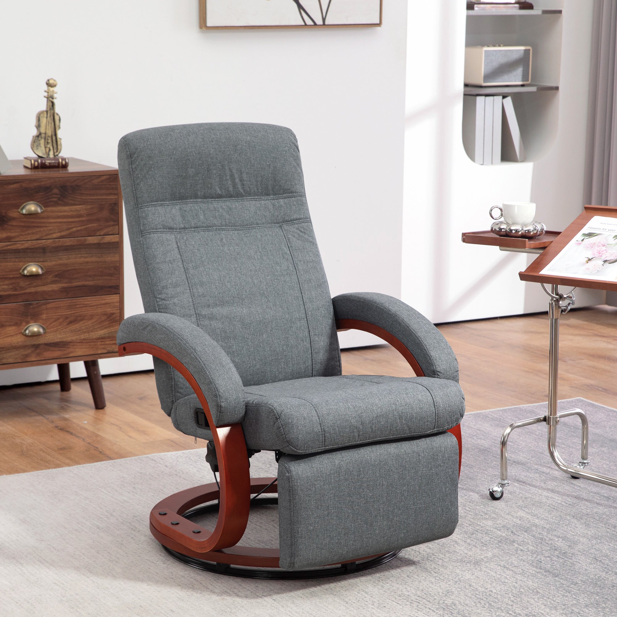Reclining TV Armchair, Swivel, Adjustable Backrest, Wooden Armrests - Grey Fabric
