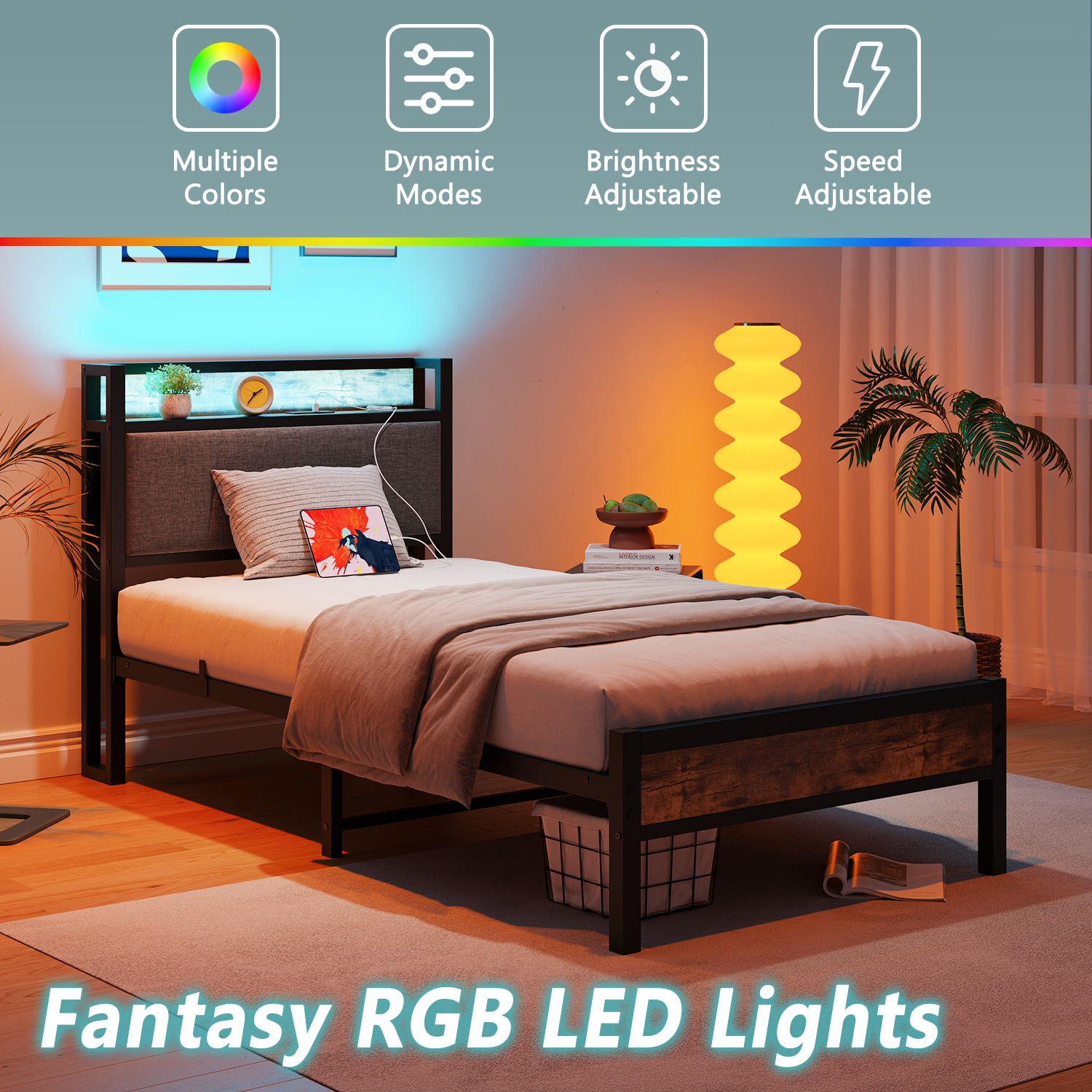 Bed Frame 90x200cm Smart LED Lights USB Charging - Metal