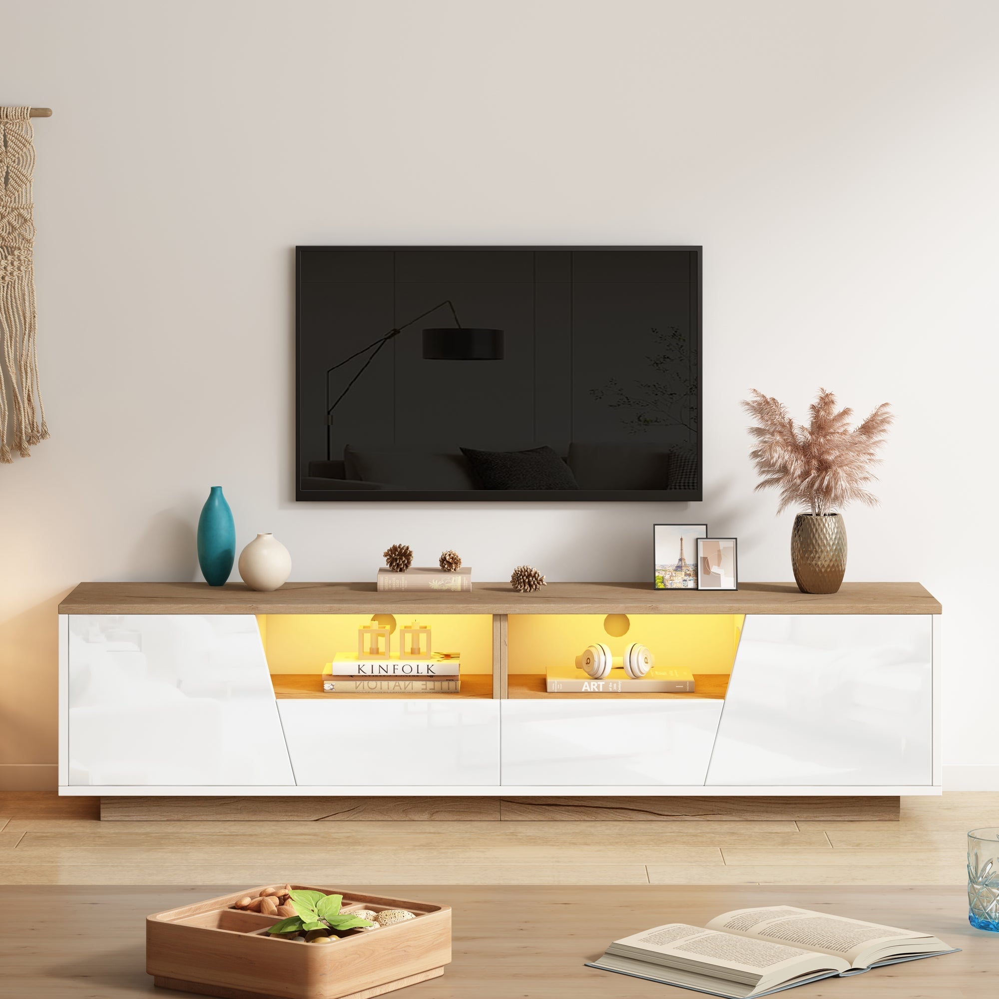TV Cabinet 180x40x46cm LED High-Gloss Storage for 75 Inch TVs, White/Wood Splice
